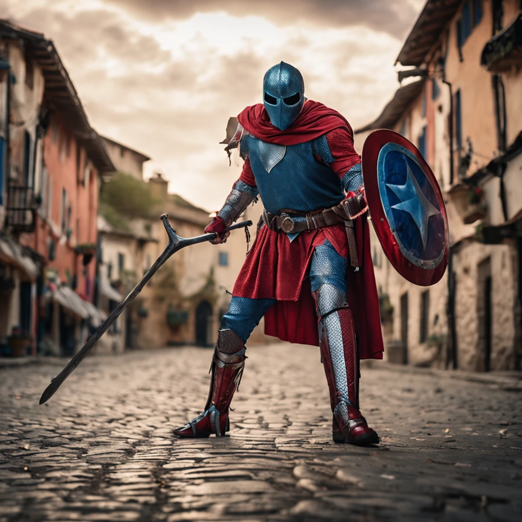 Marvel at the magical spider - the man who served as a medieval themed knight, Full set of red and blue glittering armor, Intricate details, Depicted in action poses, holds a spear, Medieval town in the background, Photorealistic, Dramatic lighting, Beautiful color grading, 8K resolution, Shot with Canon EOS C70 RF24–105mm lens