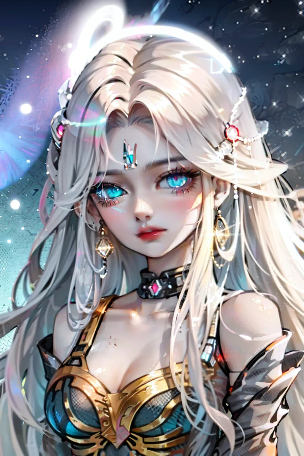 "Beautiful robot goddess with vibrant neon hair and attire, a holographic halo, glowing eyes, and an entrancing gaze."