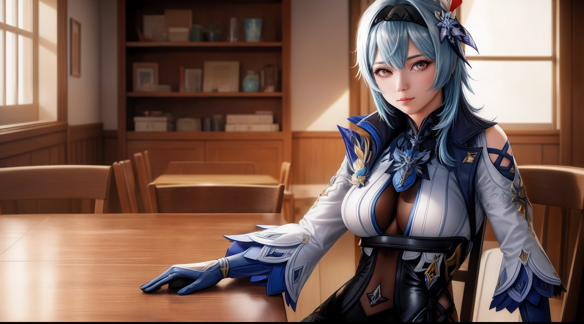 1 adult woman, (eula genshin impact), focused upper body, realistic, (blue hair), golden pupils, sitting pose and leaning on table