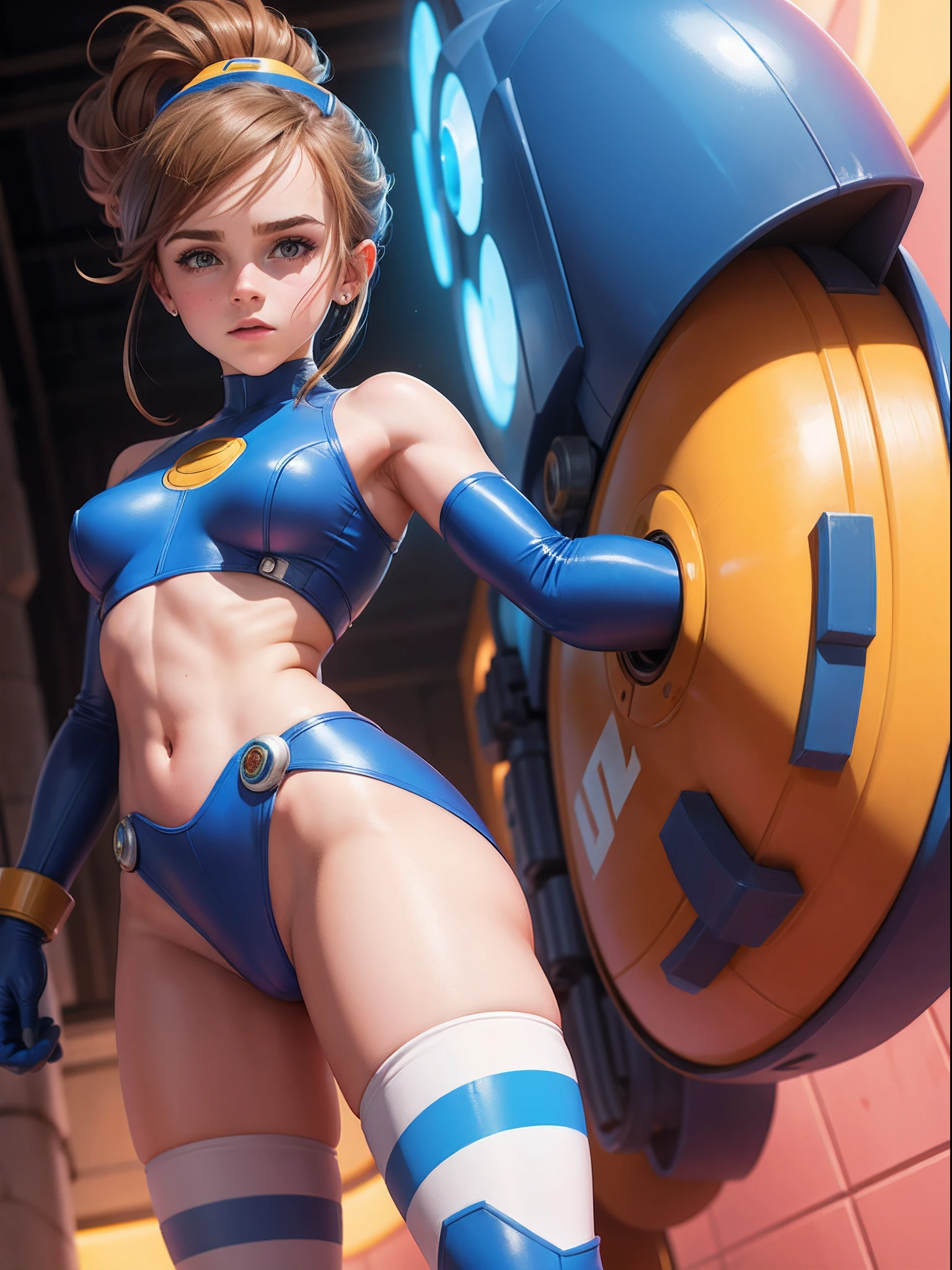 teen emma watson dressed as a sexy mega man. sci fi. vibrant colors.