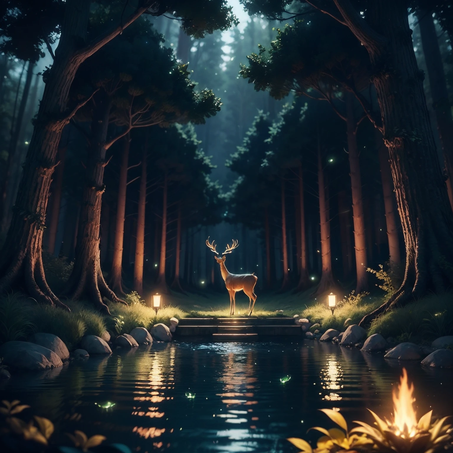Masterpiece, best quality, (very detailed CG unity 8k wallpaper), (best quality), (best illustration), (best shadows), glow sprite, with a glowing deer, in the swimming pool Drinking water, natural elements in the forest theme. Mysterious forest, beautiful forest, nature, surrounded by flowers, delicate leaves and branches surrounded by fireflies (natural elements), (jungle theme), (leaves), (twigs), (fireflies), (particle effects) etc. 3D , Octane rendering, ray tracing, super detailed