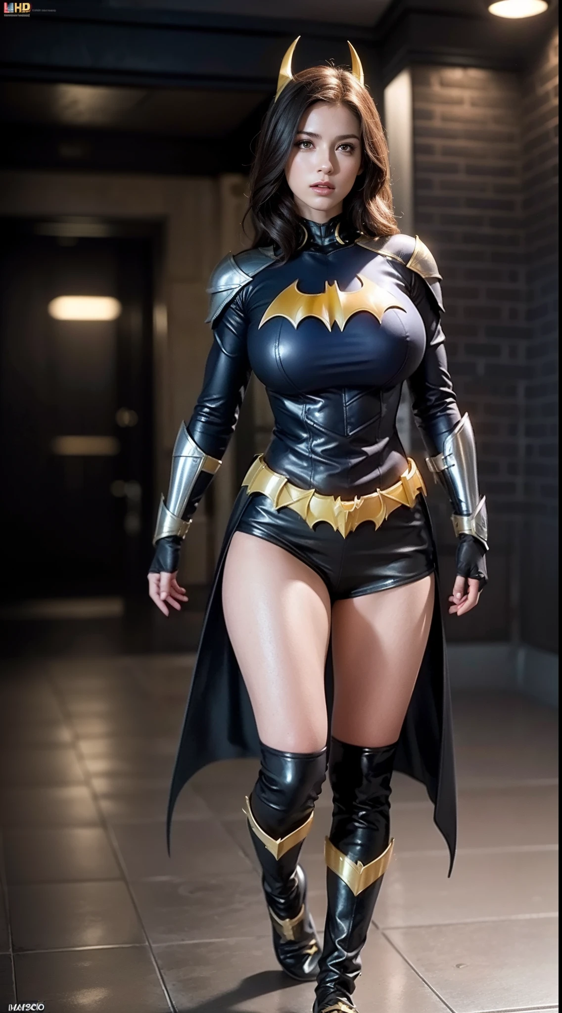 Woman body set largest breasts:1.5, (muscular body:1.1), helm, batgirl costume dress, armor, depth of field, cinematic lighting, reflection light, best quality, HD, 16k, anatomically correct, masterpiece, high quality, highres, UHD