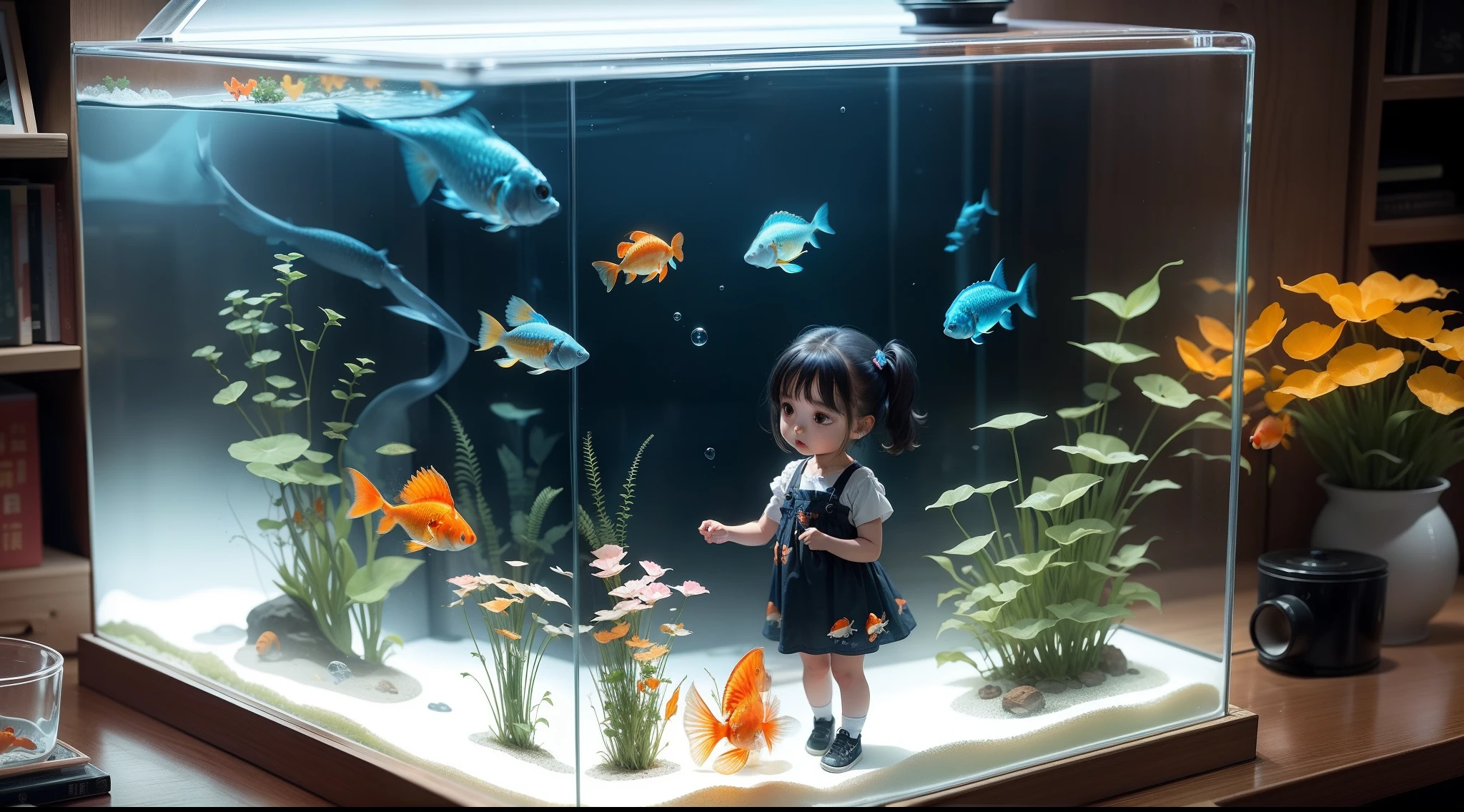  girl in front of a fish tank at home，Look at only one small goldfish in the goldfish tank。