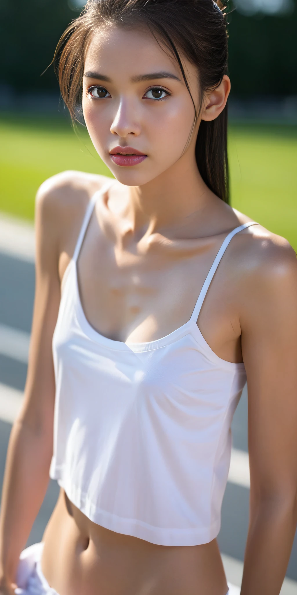 Neat college girl, ite, (long white camisole, white panties), outside the athletic field, (slim, small, flat, small), photorealistic, detail, skin texture, ultra detail, delicate and sexy collarbone, troubled expression, super detailed face, detailed lips, detailed eyes, double eyelids, all fours, sexy pose, troubled face, drenched, WET BODY, soaking wet, lotion, lotion covered