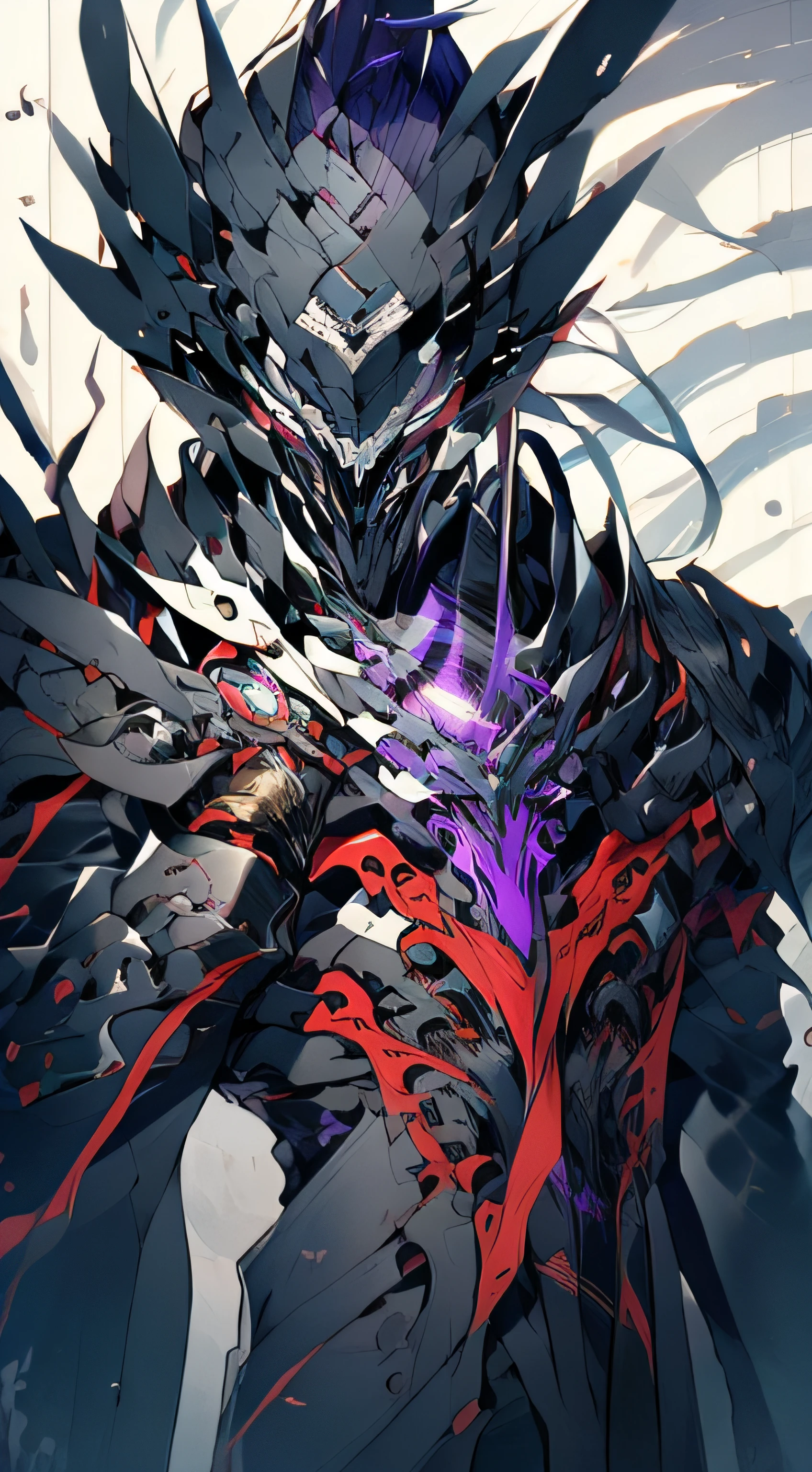 (absurdres, highres, ultra detailed, HDR), masterpiece, best quality, grim reaper male with scythe sitting on demon with a giant eye, in arrogant look, solo, reaper, male,huge scythe,glowing scythe, demon eyeball, giant eyeball, disgusting, black demon wing, demon horn, handsome, purple eye, glowing eye, black robe, earring and accessory, bare chest, arrogant face, full body, magic vortex, spark, swirl, black and purple aura, dark purple cloudy sky, abyss, abstract background, from side, look up, evil smile