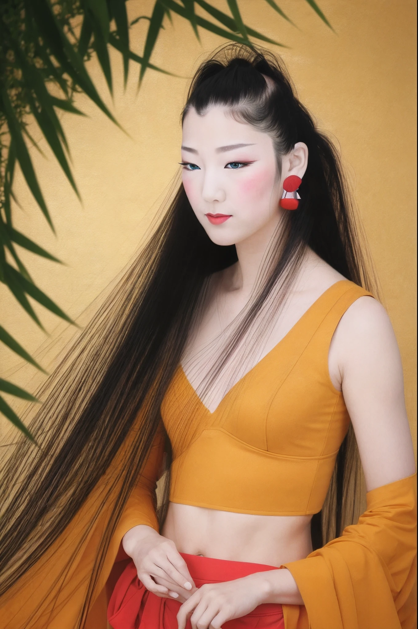 ichiro, ((Split color hair)), Illustration, 2D,
Super long hair,see through, Upper body,
, girl with, Solo, ((mideum breasts)), Smile, (Super long hair:1.2), blue grey eyes, Random colored hair, gloves,Upper body, earrings, Black Gloves, elbow groves, Hand up, random color, random color dress, makeup, lip stick, sakura petals pattern, bamboo leaves pattern, Rim Light, Back Light, pastel color,