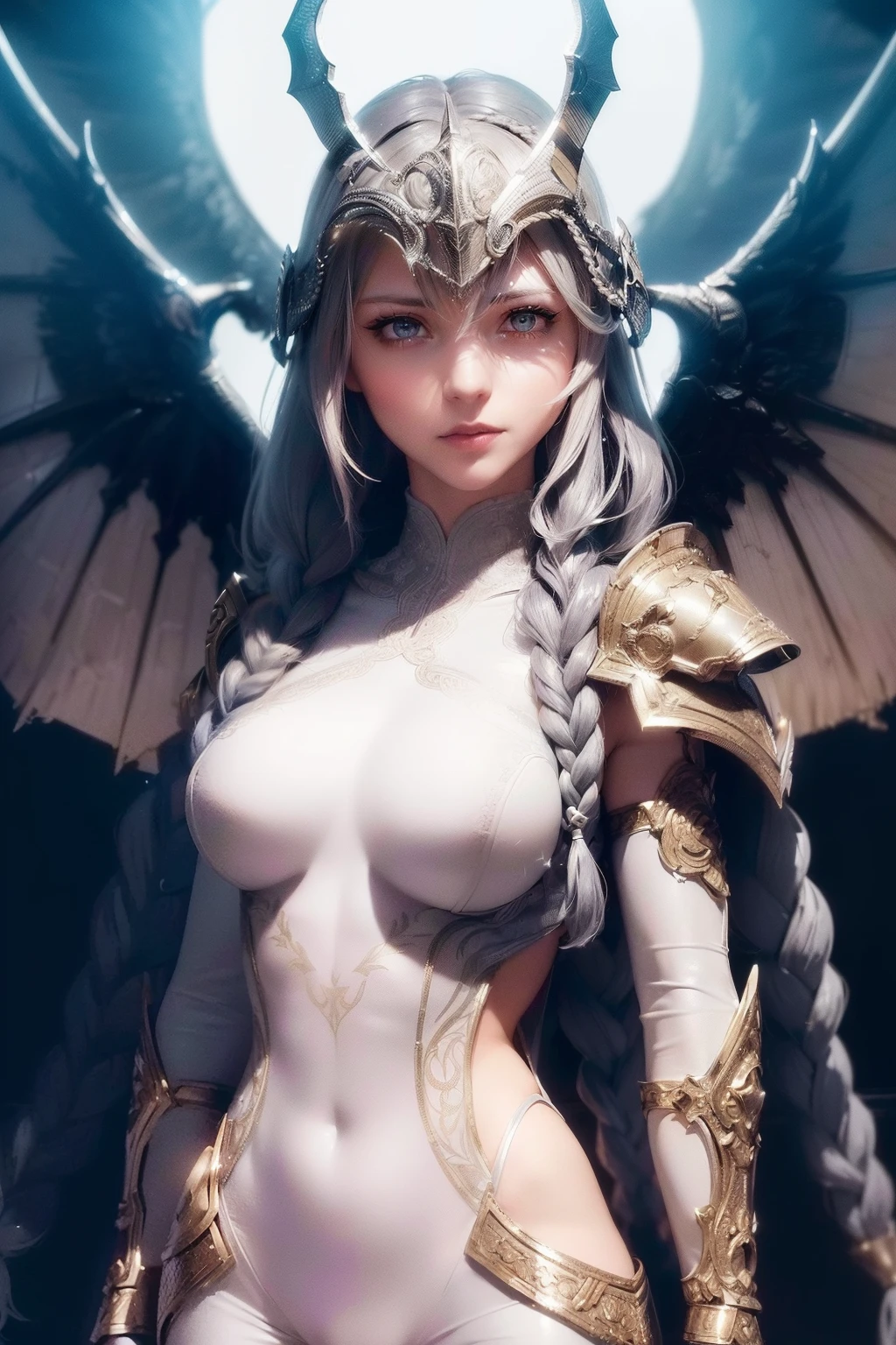 (((Valkyriacore aesthetic))) bust to waist ((half body)) ((beauty slim shape)) perfect skin, hyperrealistic masterpiece, (((in extremely complex & superdetailed white plugsuit sci-fi armor-dress))), cinematic illumination: 8k, symmetrical eyes, realistic, sharp focus, HD, highly detailed, intricate, photography, hyperrealism, hyperrealistic, film, studio portrait, detailed, dramatic lighting, maximum definition and sharpness, (((highly detailed external lighting))), (((holding an extremely complex & superdetailed, hyperrealistic masterpiece sword))), (((long hair braids, Valkyria helmet and long black wings)))