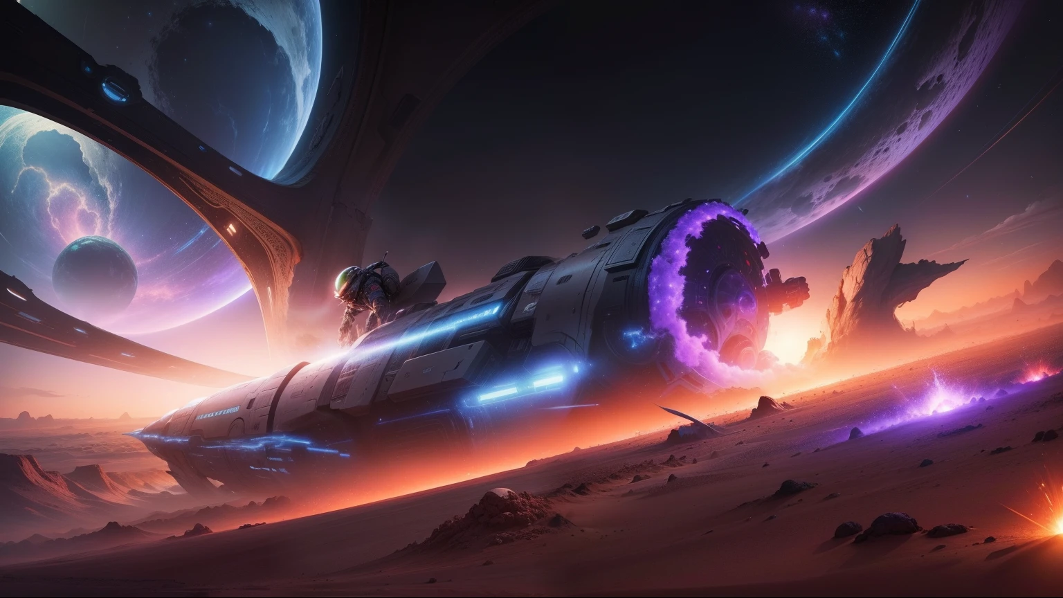 Strange man in black seedpod spaceship, lands on an alien desert planet with many oasis, every step he takes explodes in colored light and sound shockwaves, alien peoples greet him, dust sky of fluffy clouds colored by magentas blues and violets, 64k resolution photorealistic hyperdetailed beginning to see stars in the evening sky in the art style of 1970's sci-fi fiction paperback novels.