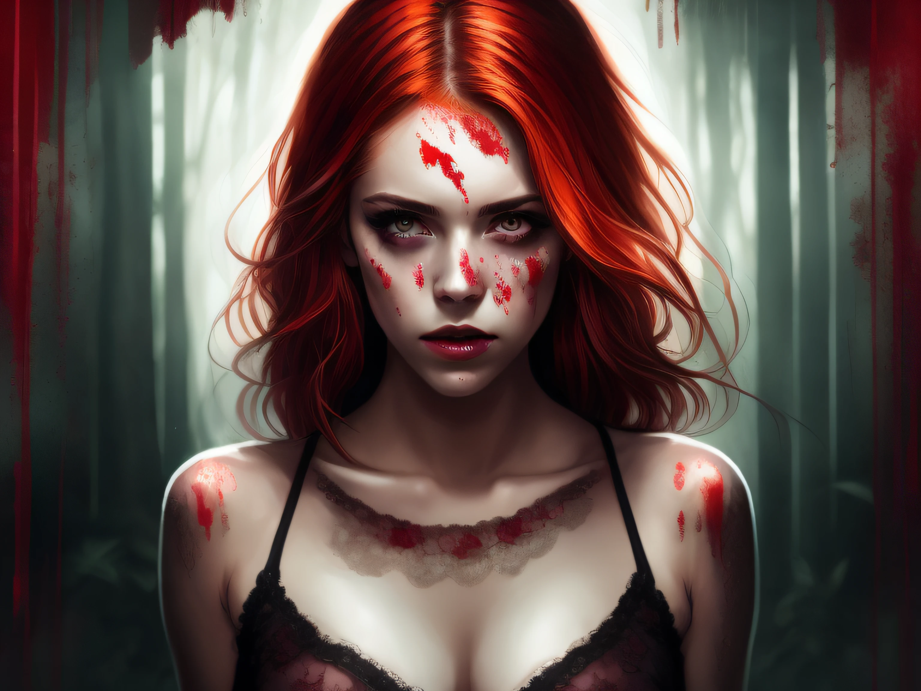 beautiful symmetrical redhead Zombie Girl, bloody, center in image, digital illustration, comic style, stunning background, approaching perfection, dynamic, highly detailed, art station, concept art, smooth, sharp focus, illustration, trending on art station, sharp focus, studio photo, intricate details, highly detailed