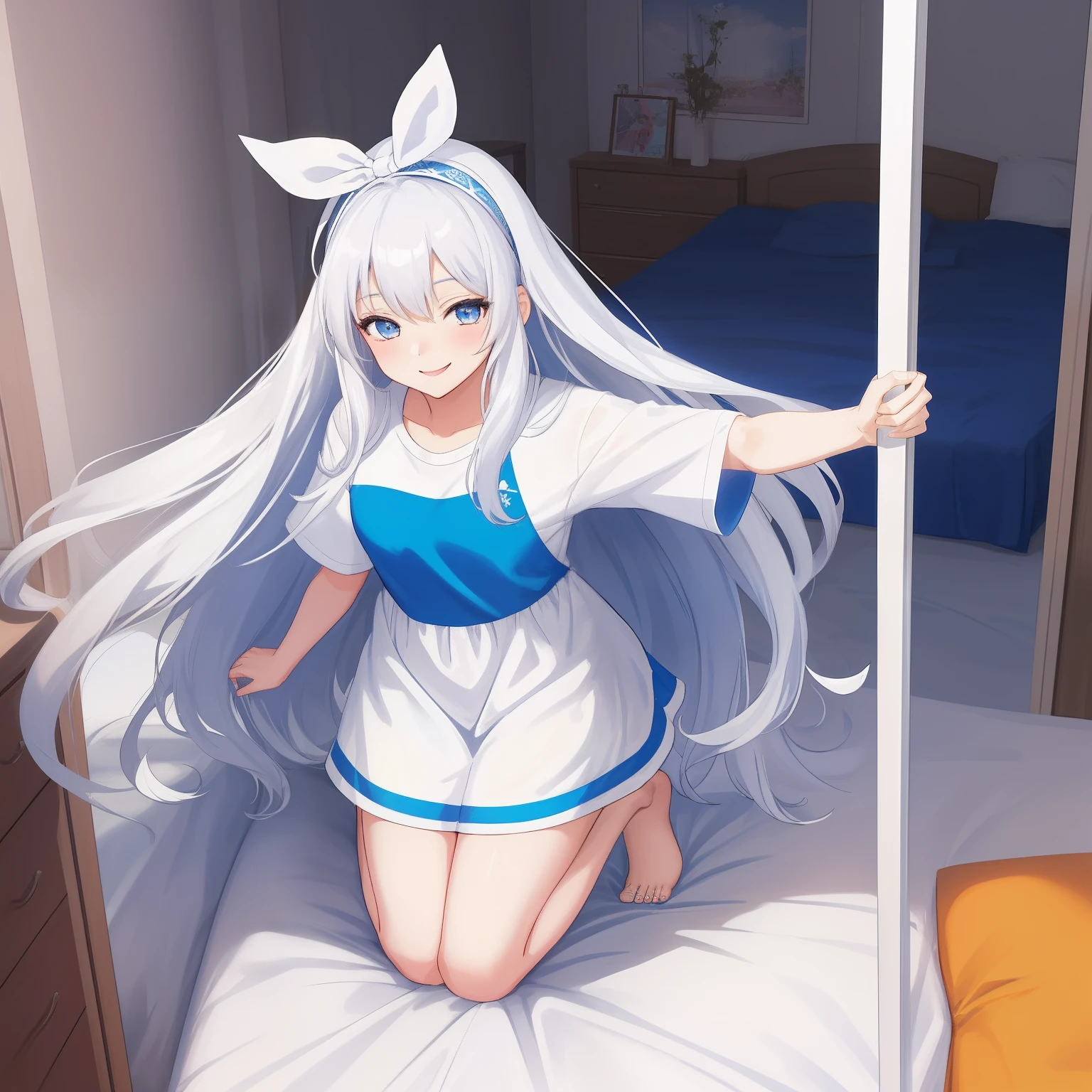 1 woman, fullbody, big t-shirts, white hair, blue eye, long hair, ribbon, happy, smile, 14 years old, dynamic angle, blue hairband, casual one-piece dress, bed room, hentai