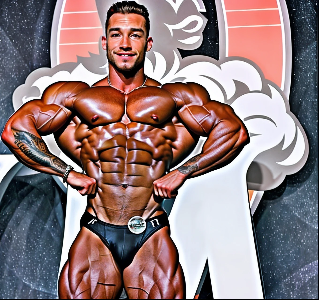 (a closeup of a Chris Bumstead man posing for a photo on a bodybuilding stage, Sr. Universo, Corpo de Ernest Khalimov, bodybuilder physique, Fisiculturista Ernest Khalimov, exaggerated physique, exaggerated muscle physique, fisiculturista, corpo do fisiculturista, fisiculturista posando, Greg Rutkowski de corpo inteiro, IFBB Corpo Fitness, exaggeratedly large physique