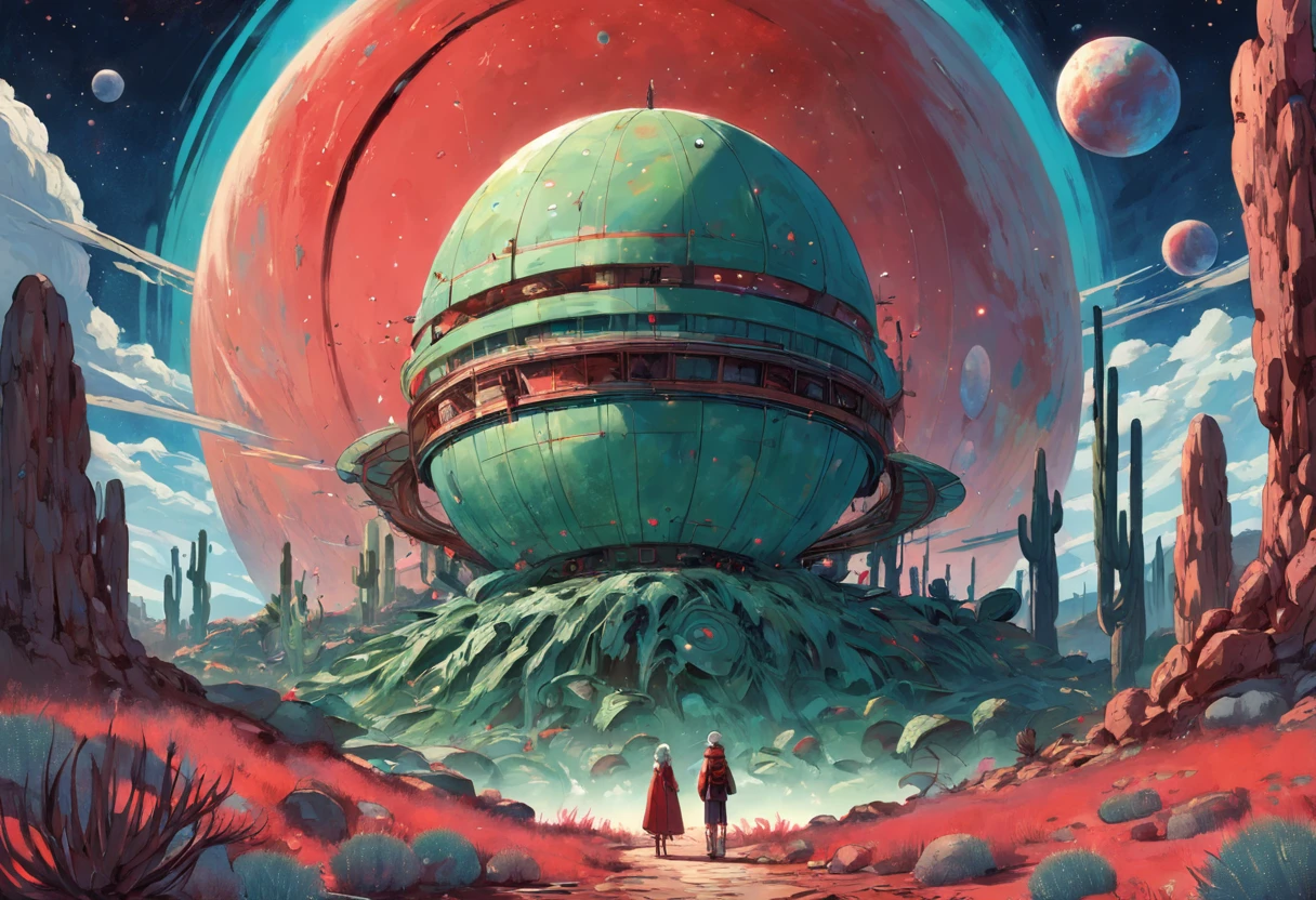 an image of saturn, planets and stars in cactus, in the style of amanda sage, terragen, post-apocalyptic backdrops, flowerpunk, childe hassam, pop-inspired imagery, red and blue