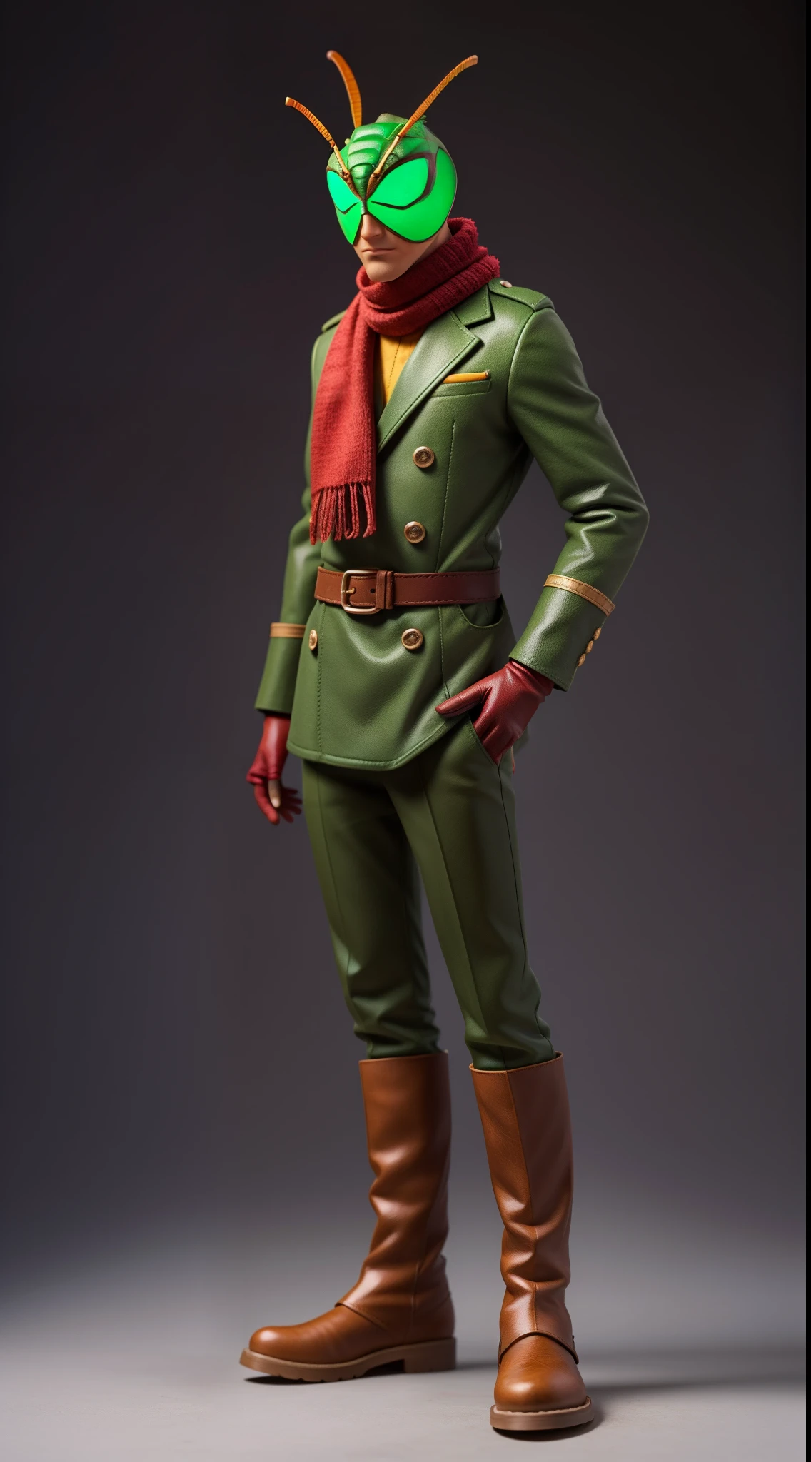 High quality, head insect grasshopper, insect man, standing, red scarf around neck, hands green gloves, feet green boots, background evening,
