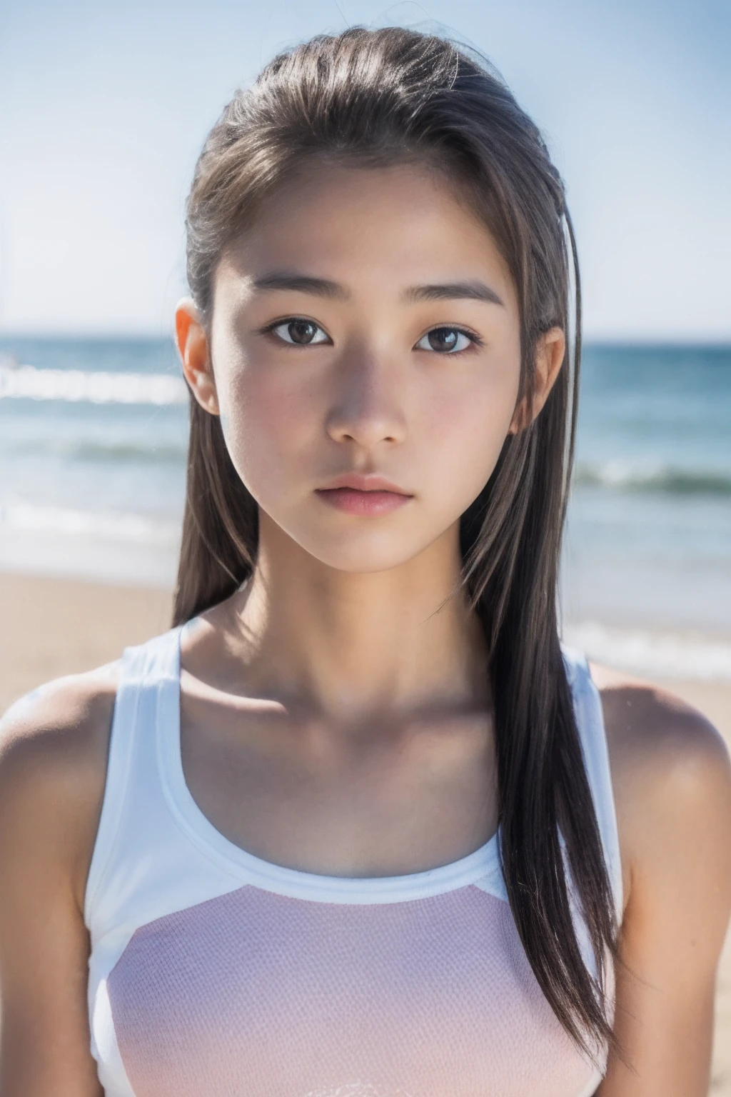 Best Quality), (Realistic raw photos:1.2), (Beautiful  Japan girl), (masutepiece),
Cute lips, (young and muscular body:0.6),
Front lighting,
shame,
(Athlete Wear),
Afternoon at the beach,