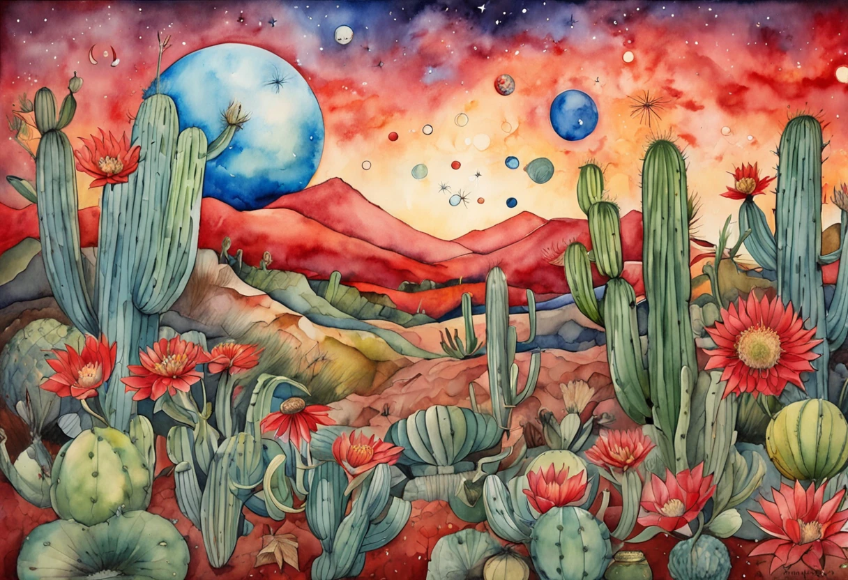 an image of saturn, planets and stars in cactus, in the style of amanda sage, terragen, post-apocalyptic backdrops, flowerpunk, childe hassam, pop-inspired imagery, red and blue