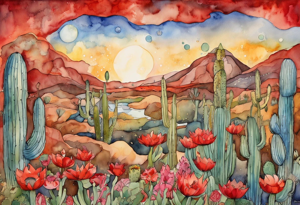 an image of saturn, planets and stars in cactus, in the style of amanda sage, terragen, post-apocalyptic backdrops, flowerpunk, childe hassam, pop-inspired imagery, red and blue