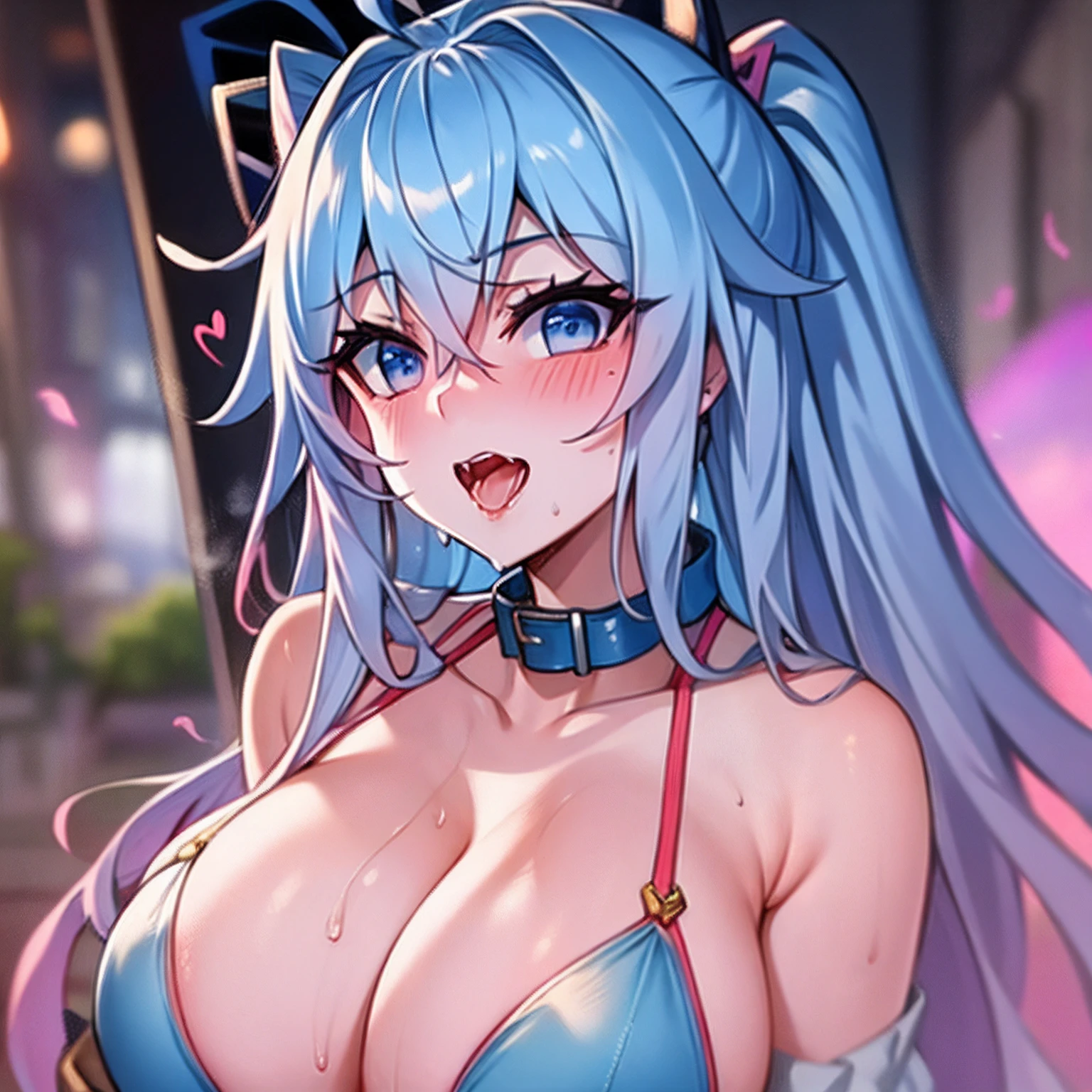 (suggestive:1.3),(corruption), solo, dripping, blue long hair, blue eyes, blush, upper body, (ahegao:1.1), smile, (naughty face), collar bone, trembling,sweat, sweat drop, heart, skin dentation, (crazy:1.3), (speed lines), outdoors, (huge breasts), open mouth, stick out her tongue out at viewer