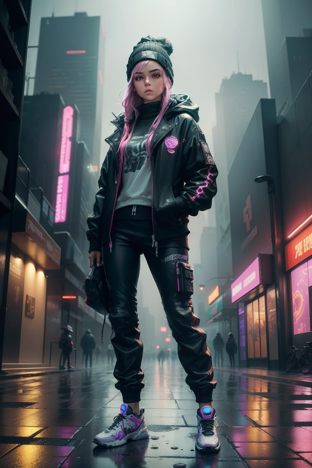 ((best quality)), ((masterpiece)), intricately detailed, cyberpunk, futuristic city, night city, neon, 1girl, rain, puddles, portrait, sweatpants, open jacket, beanie, white sneakers, hands in pockets, cowboy shot