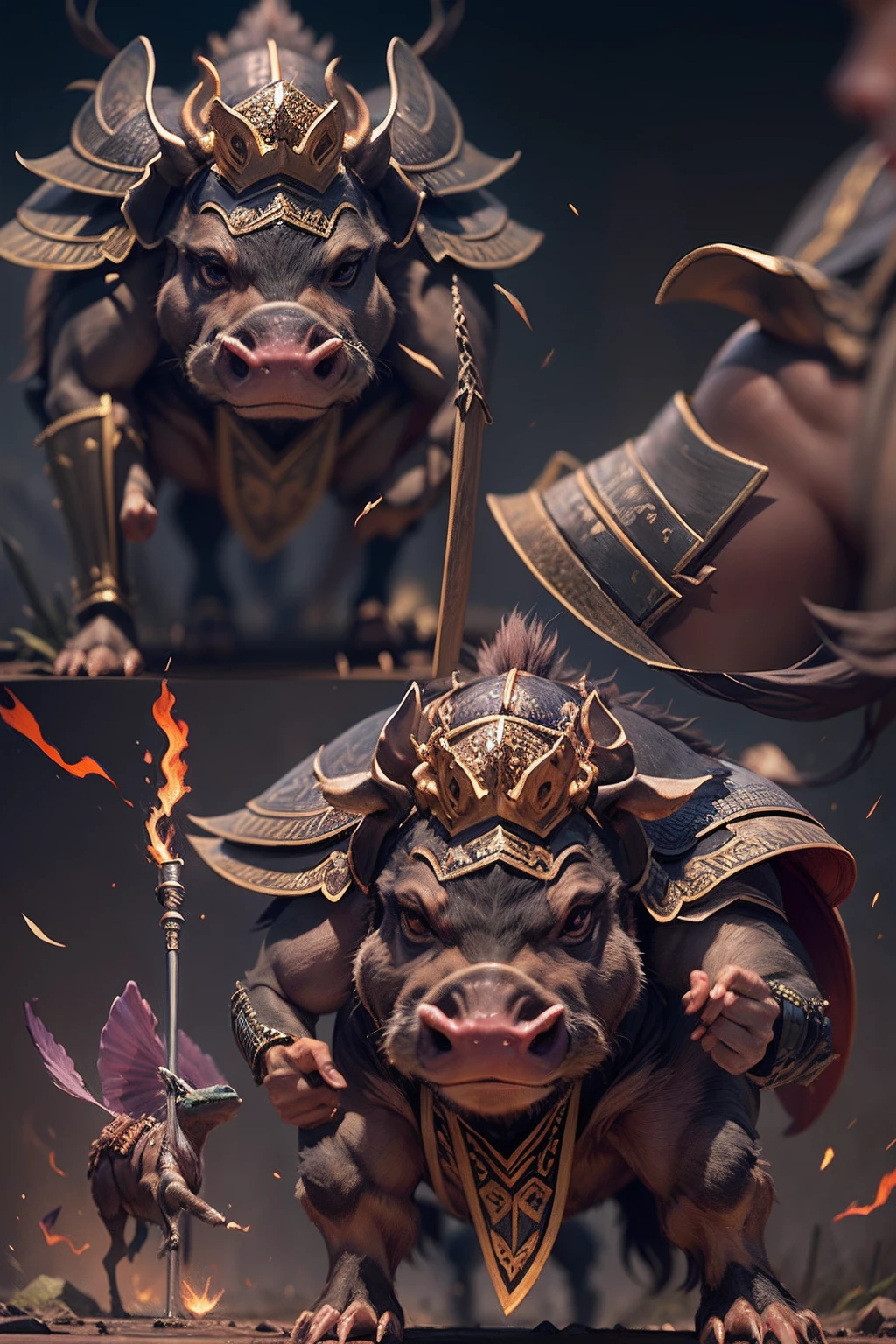 （anthropomorphic turtle），（Boar warriors：1.4），coda，a tall body，Stout limbs，disdain，ran，tosen，The long hairs of the flame fluttered in the wind，combats，Dynamic lines，Dimly lit battlefield，Ruined castle，（stereoscopic perspective：1.4），Works of masters，super-fine，4K分辨率，high qulity，电影灯光，High picture detail，Detailed pubic hair，Epic shooting，Clearly focused hair，Detailed hair depiction，acurate