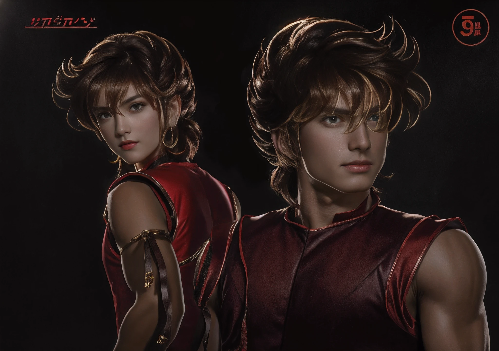Saint Seiya, brunette color hair,Wears a red sleeveless vest,Hyper Real,8K,