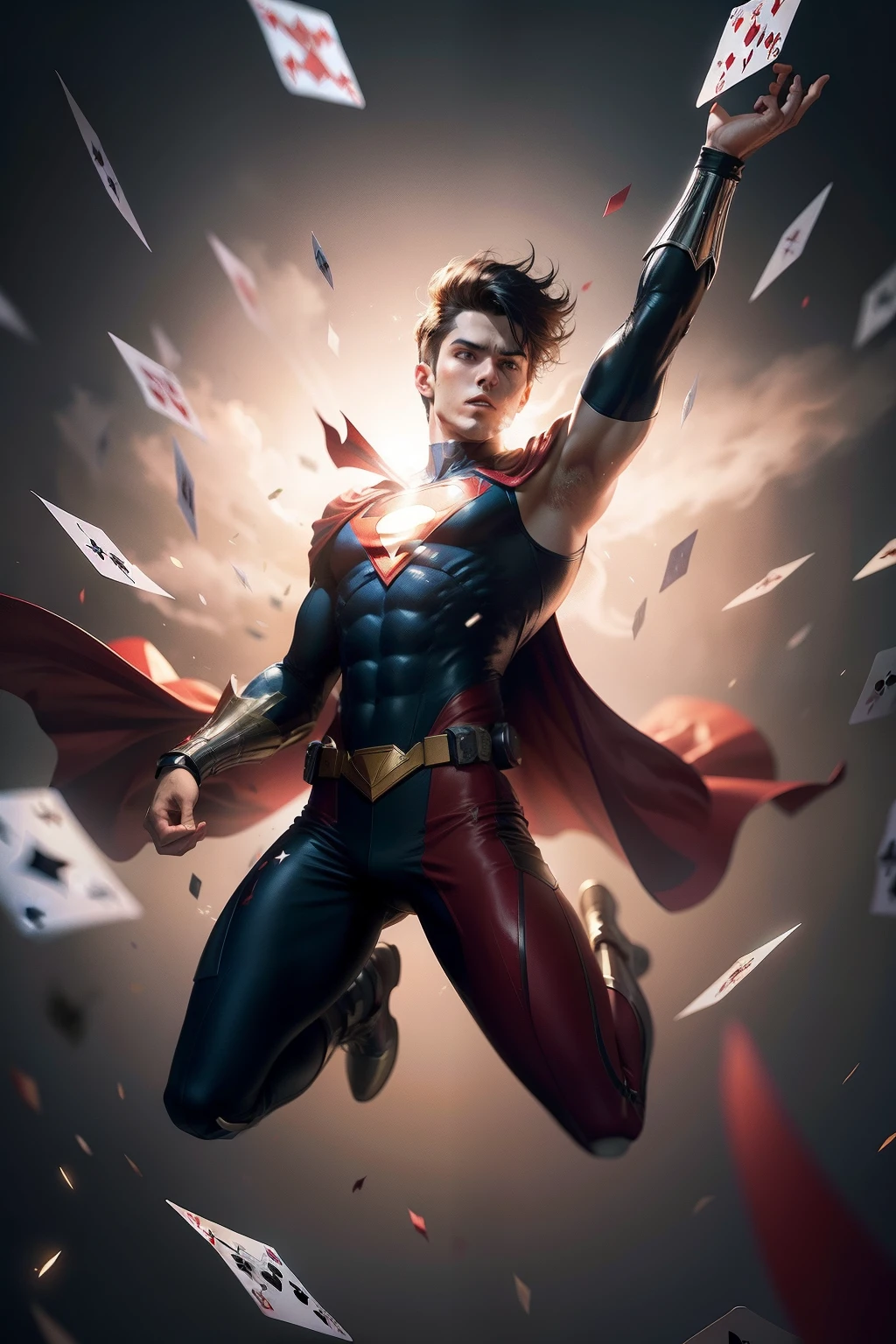 playing cards with super hero theme, 52 cards floating into the air shooting light down to the ground