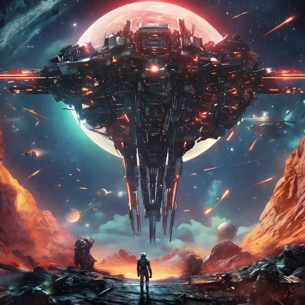 Endless starry sky,mecha battle,lightsabers,Surrealism predominated,Dream-like,Earth's outer space