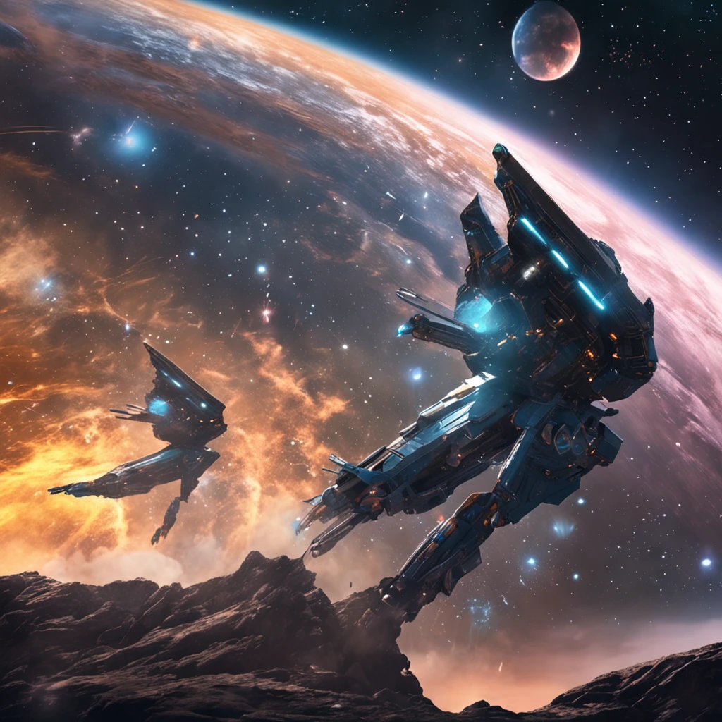 Endless starry sky，mecha battle，lightsabers，Surrealism predominated，Dream-like，Earth's outer space