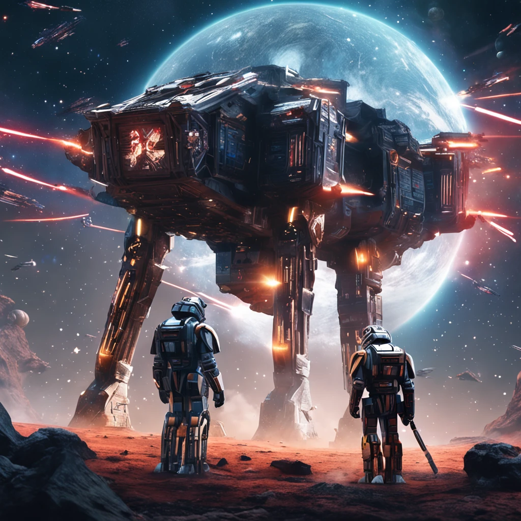 Endless starry sky,mecha battle,lightsabers,Surrealism predominated,Dream-like,Earth's outer space