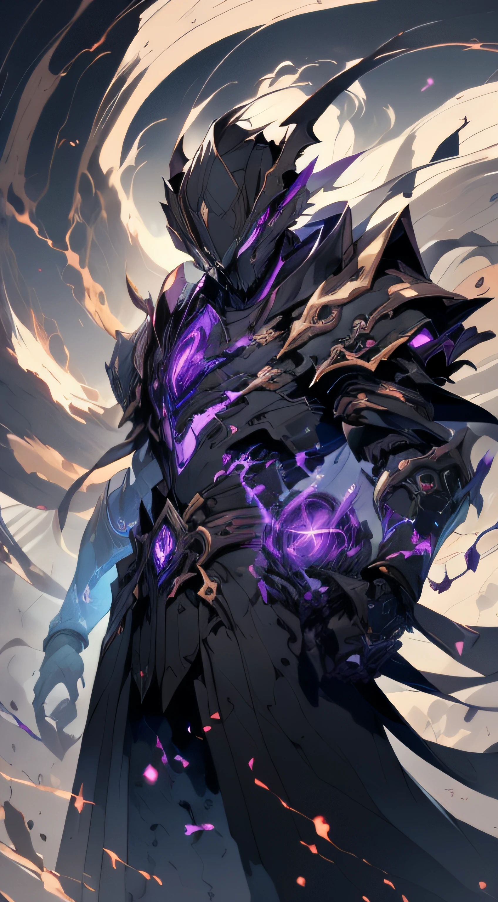(absurdres, highres, ultra detailed, HDR), masterpiece, best quality, grim reaper male with scythe sitting on demon with a giant eye, in arrogant look, solo, reaper, male,huge scythe,glowing scythe, demon eyeball, giant eyeball, disgusting, black demon wing, demon horn, handsome, purple eye, glowing eye, black robe, earring and accessory, bare chest, arrogant face, full body, magic vortex, spark, swirl, black and purple aura, dark purple cloudy sky, abyss, abstract background, from side, look up, evil smile