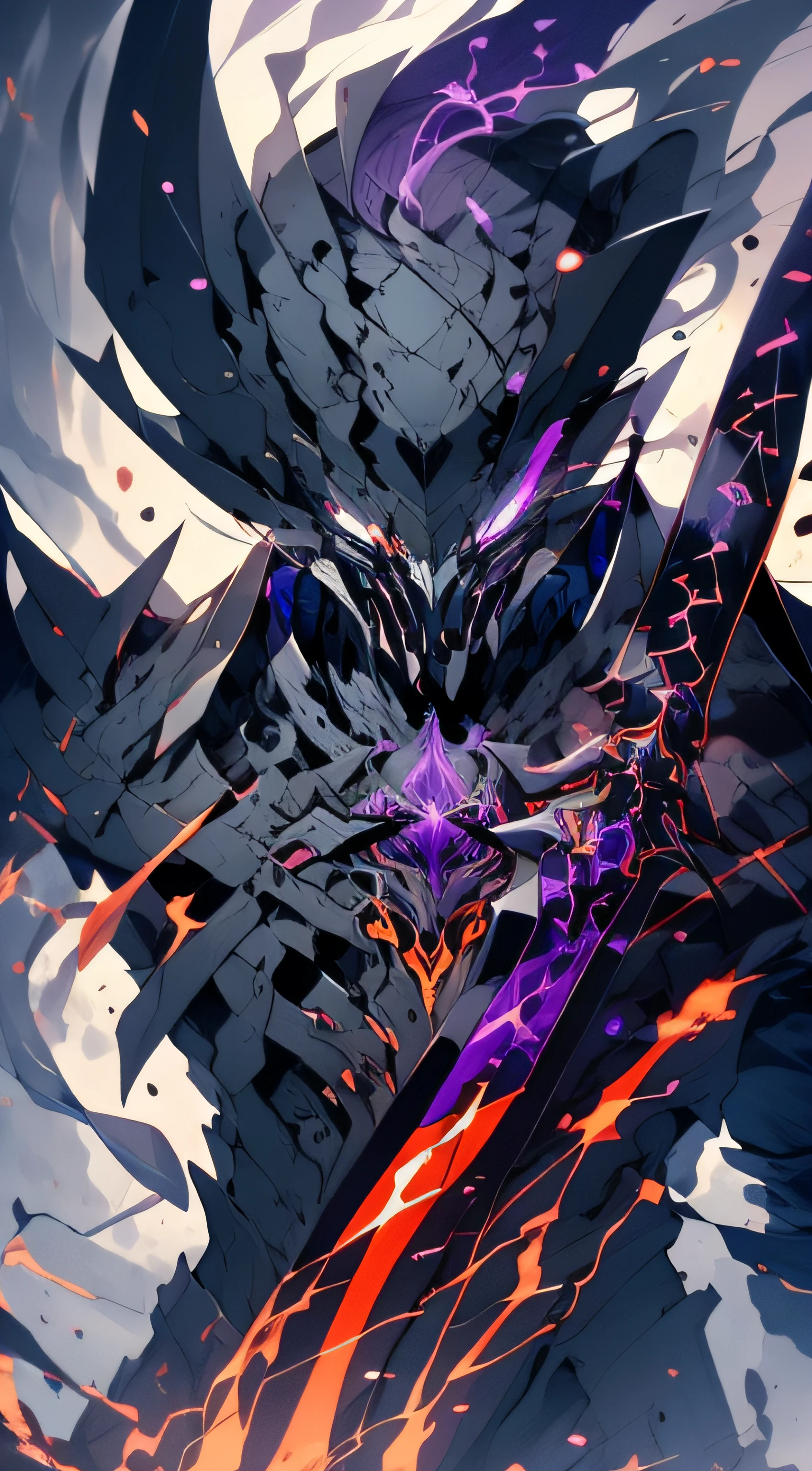 (absurdres, highres, ultra detailed, HDR), masterpiece, best quality, grim reaper male with scythe sitting on demon with a giant eye, in arrogant look, solo, reaper, male,huge scythe,glowing scythe, demon eyeball, giant eyeball, disgusting, black demon wing, demon horn, handsome, purple eye, glowing eye, black robe, earring and accessory, bare chest, arrogant face, full body, magic vortex, spark, swirl, black and purple aura, dark purple cloudy sky, abyss, abstract background, from side, look up, evil smile
