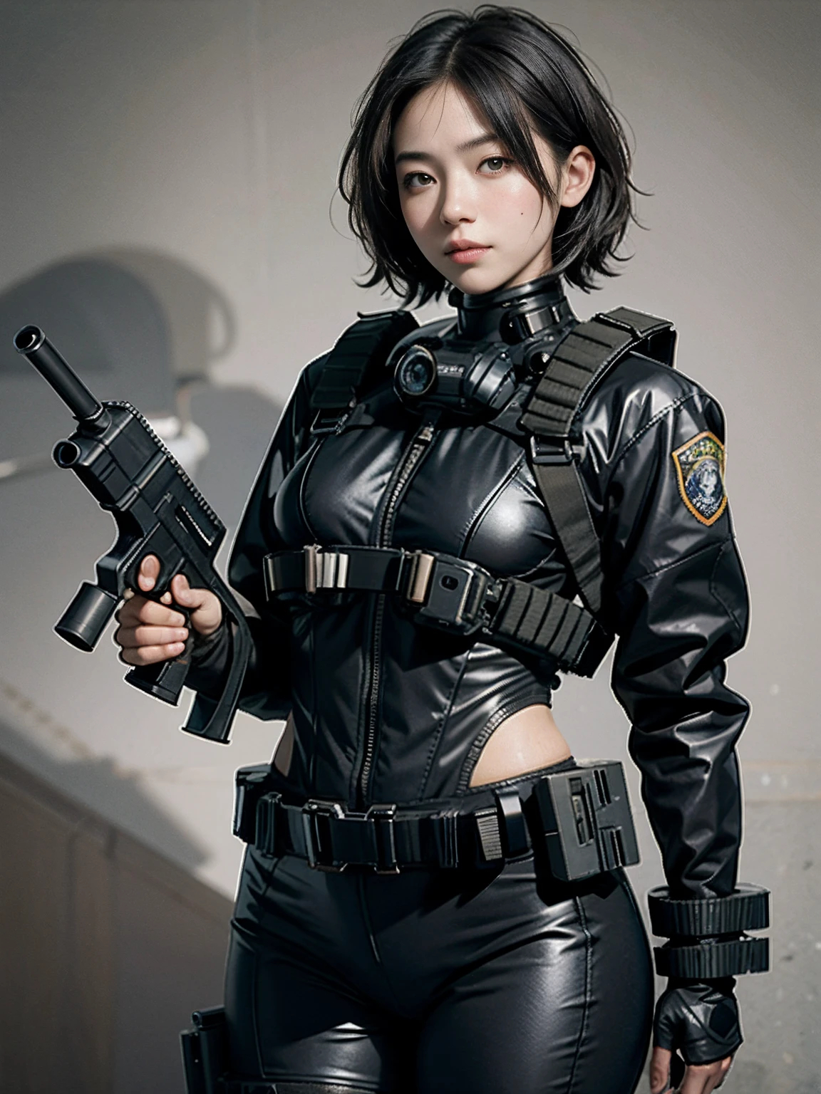 Highest image quality, outstanding details, ultra-high resolution, (realism: 1.4), ((close up:0.75)), highly condensed 1 lady, with beautiful and a delicate face, perfect proportion, aiming the viewer, ((aiming the viewer)), (chubby:0.3, small breasts), (cloths color base ratio black:0.4 white:0.5 other-color:0.1), (wearing rash-guard likes police uniform, black and gray mecha, wearing high-tech heavy gasmask, military harness, holding a machinegun, carrying hich-tech-flamethrower -tank on back), captain, background simple gray wall,