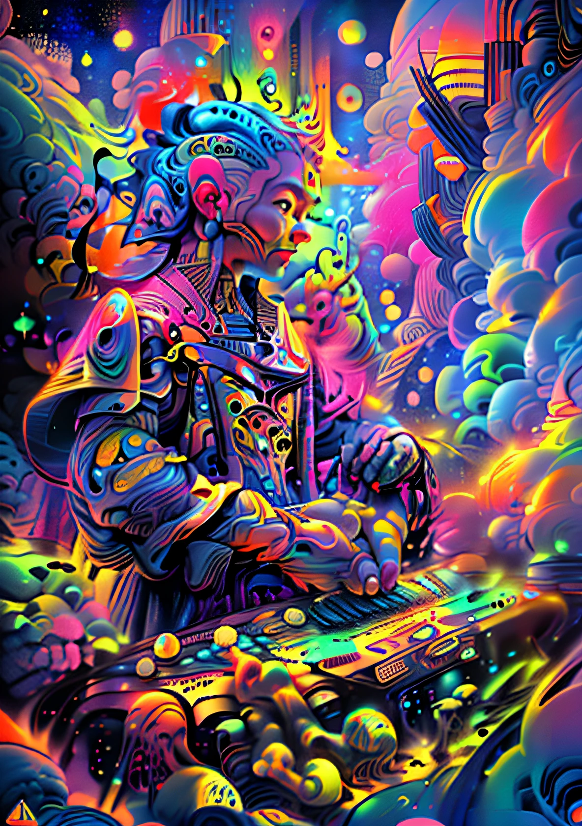 (High resolution, incredibly detailed, masterpiece), portrait of a mayan priest playing a huge synthesiser in the clouds, featuring fractal geometry in (vibrant colors:0.8), set against a (galactic background:1.2), bringing together complex, mesmerizing shapes and patterns,dmt ,fractal art,stars and galaxies