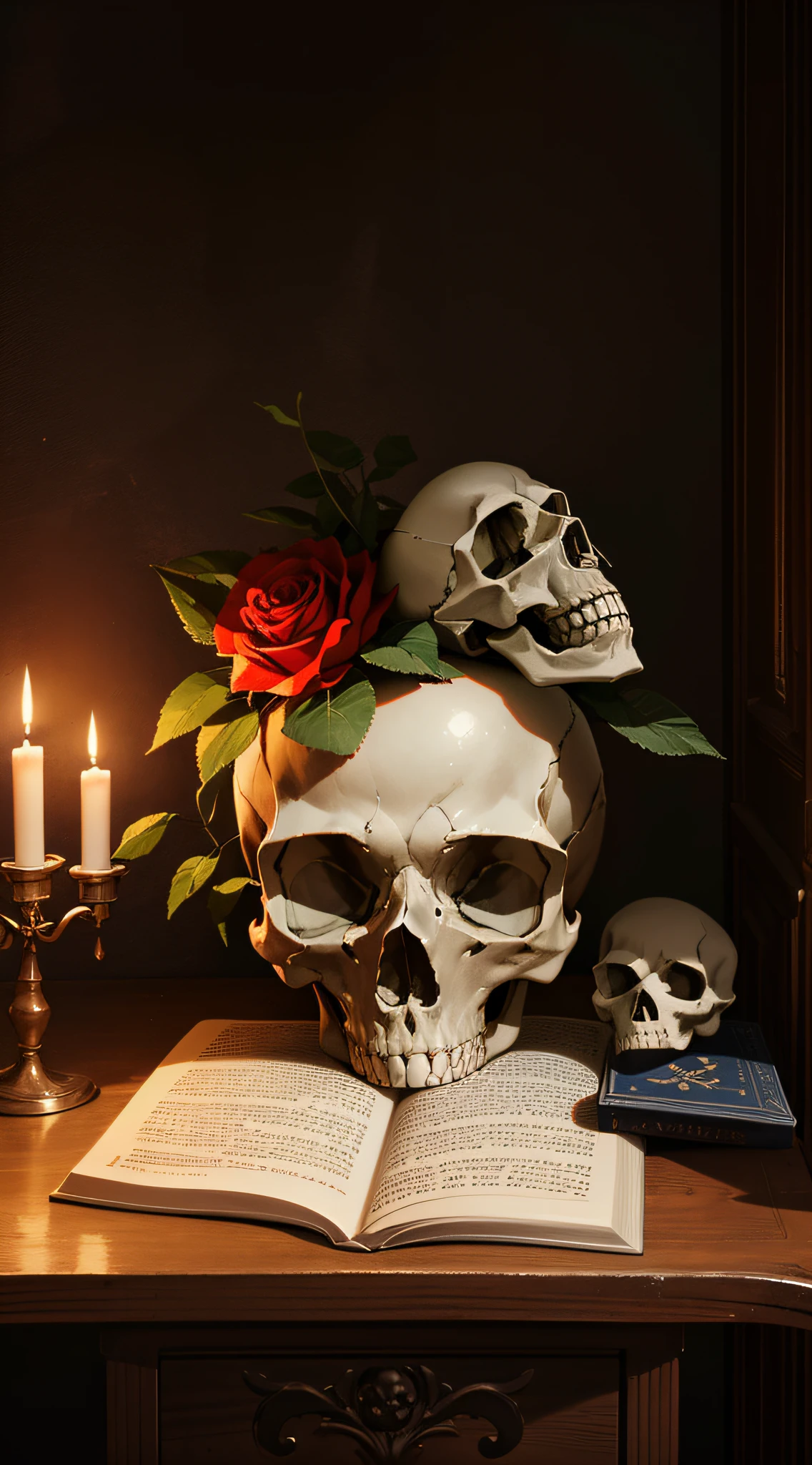 skull in a table, a rose in the table, masterpiece, gorgeous,artistic,simpistic, death, object, ((no_humans)), books, old, nostalgic, candle,