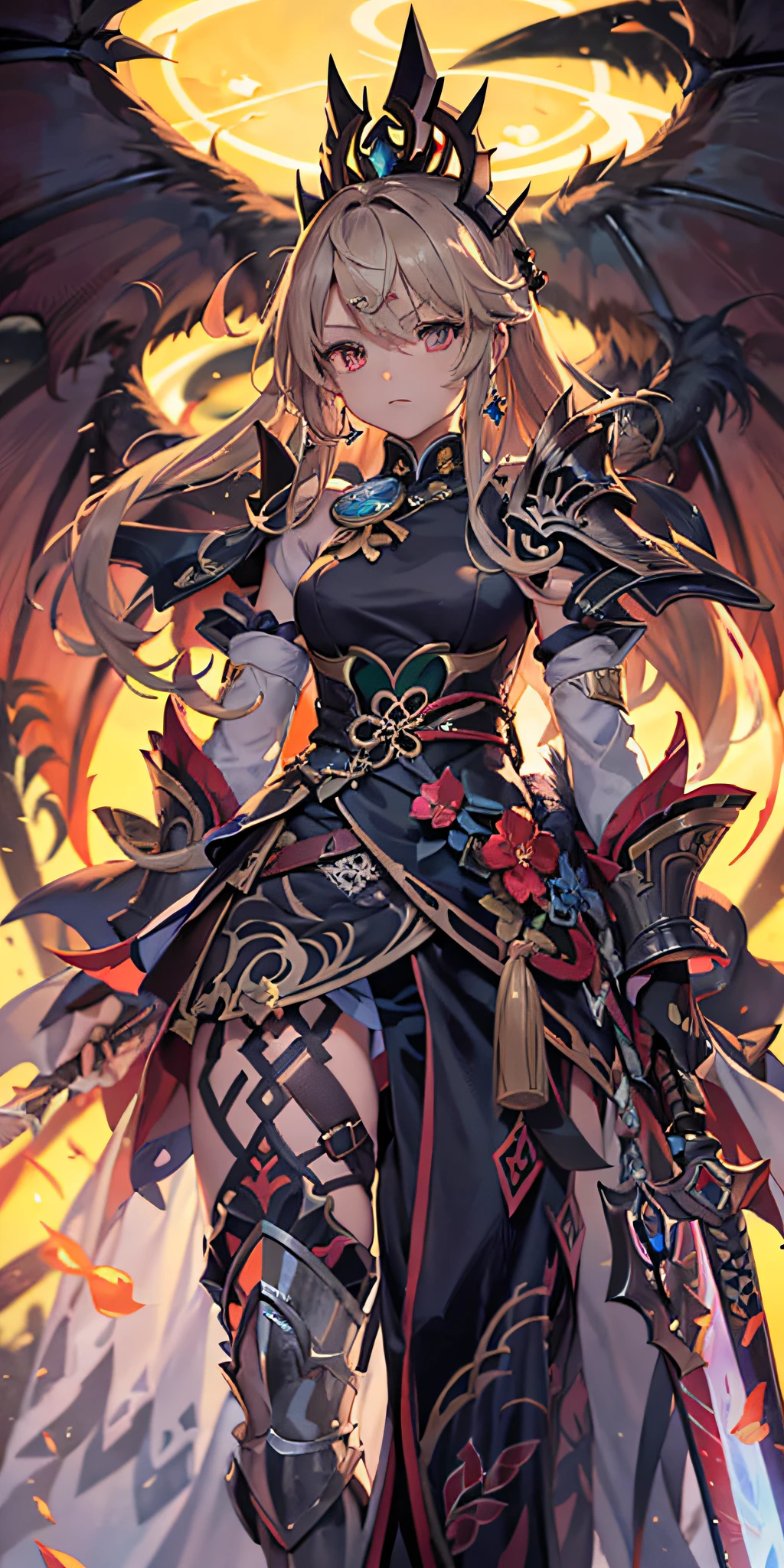 Anime figure，Dark villain，Beauty side face，Long hair flying，（golden headdress），Two age girls back to back，（Simple helmet）Spark ashes burn，The samurai held a sword, Wear contrasting armor, The whole picture of the witch and the witch skeleton,（standing full-body），（（Faraway view）），（HD8K），ultra-wide-angle，The background is gorgeous，the original god, demon anime girl, Angel anime girl，fantasy paladin man, Dragon Knight,Spread your black feathered wings，Mobile Genshin Influence, Anime 8 k, Anime fantasy illustration, Genshin Impact, Tough and cold character, Detailed key anime art, Ayaka Genshin impact, onmyoji portrait，Close-up of shooting random weapons, Comic book epic artwork, Epic fantasy digital art style,Epic fantasy art style, 8K high quality detailed art, Epic fantasy art style HD, Faraway view，Behind him，This is a golden glowing magic array。，Purify the flame，HD anime visuals，full portrait of magical knight