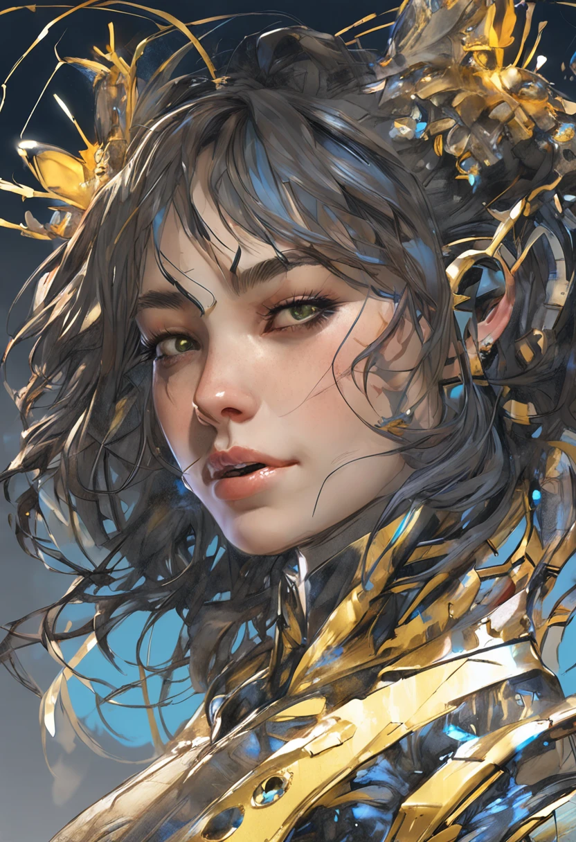 Beautiful Caucasian Woman, shoulder length messy hair, Black and gold PVC cat outfit, cheerfulness, full bodyesbian, Beautiful anime waifu style girl, Hyperdetailed painting, Luminism, art by Carne Griffiths and Wadim Kashin concept art, 4K 分辨率, fractal isometrics details bioluminescens , a 3D render, rendering by octane, intricately details , Cinematic, trending on artstation Isometric Centered hyperrealistic cover photo awesome full color, handpainted , grittiness, Realistic Mucha , Intricate, hit definition , Cinematic,Rough sketch, Bold lines, On paper,