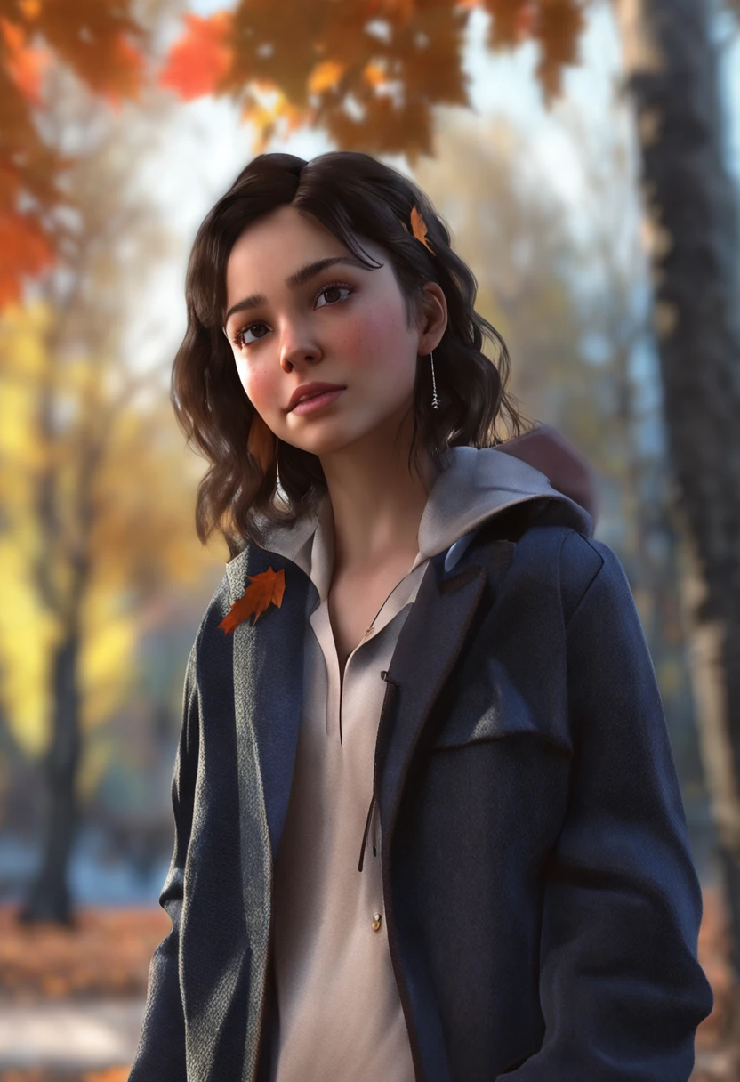 Realistic autumn, photorealistic art style, photorealistic anime girl render, , Realistic clothing ,digitalart, Woman with dark hair, photorealistic picture, working adults, Autumn morning, tree-lined street, Colorful, Colored leaves,Commuting time
