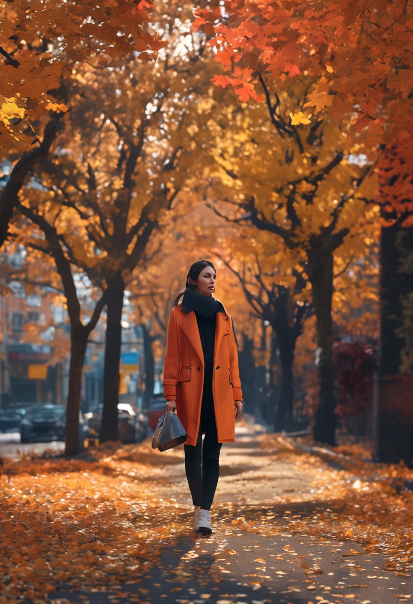 Realistic autumn, photorealistic art style, photorealistic anime girl render, , Realistic clothing ,digitalart, Woman with dark hair, photorealistic picture, working adults, Autumn morning, tree-lined street, Colorful, Colored leaves,Commuting time