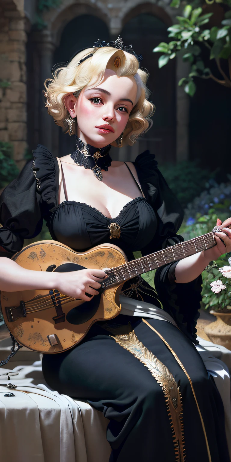 16K portrait of Marilyn Monroe in ancient woman clothes from fifteenth century, sitting and playing a medieval mandolin in a dark medieval garden, masterpiece art by Caravaggio, ((hyper detailed)), intricate, sharp focus, insanely clear, photograph, depth of field, bokeh, colored, centered, extremely detailed, (((16K)))