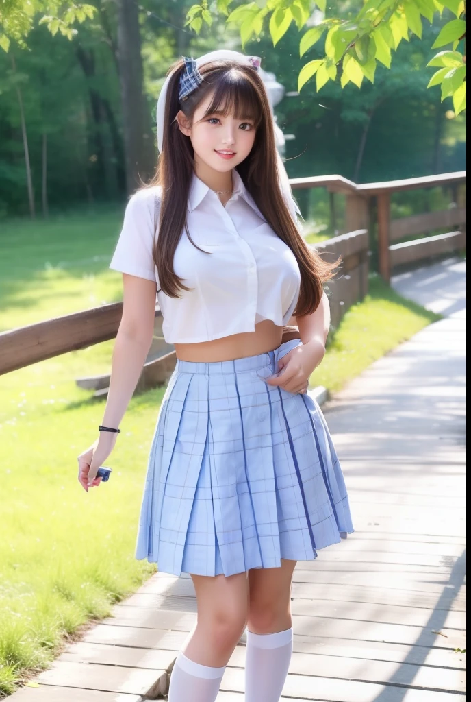 Full body shot, gigantic boobs、The ultimate beautiful girl at 20 years old、plump curvy buxom figure,cute very beautiful face、Long bangs that extend to the eyes, nose and mouth、The most beautiful brunette hair in the world、Super long straight hair、twin tails hairstyle,Glowing big beautiful light blue eyes、White and beautiful shiny skin、giggling, she's wearing a school uniform with white buttoned blouse and a red tartan plaid skirt , white overknee socks and high heeled stilettos, standing with a bicycle near a meadow