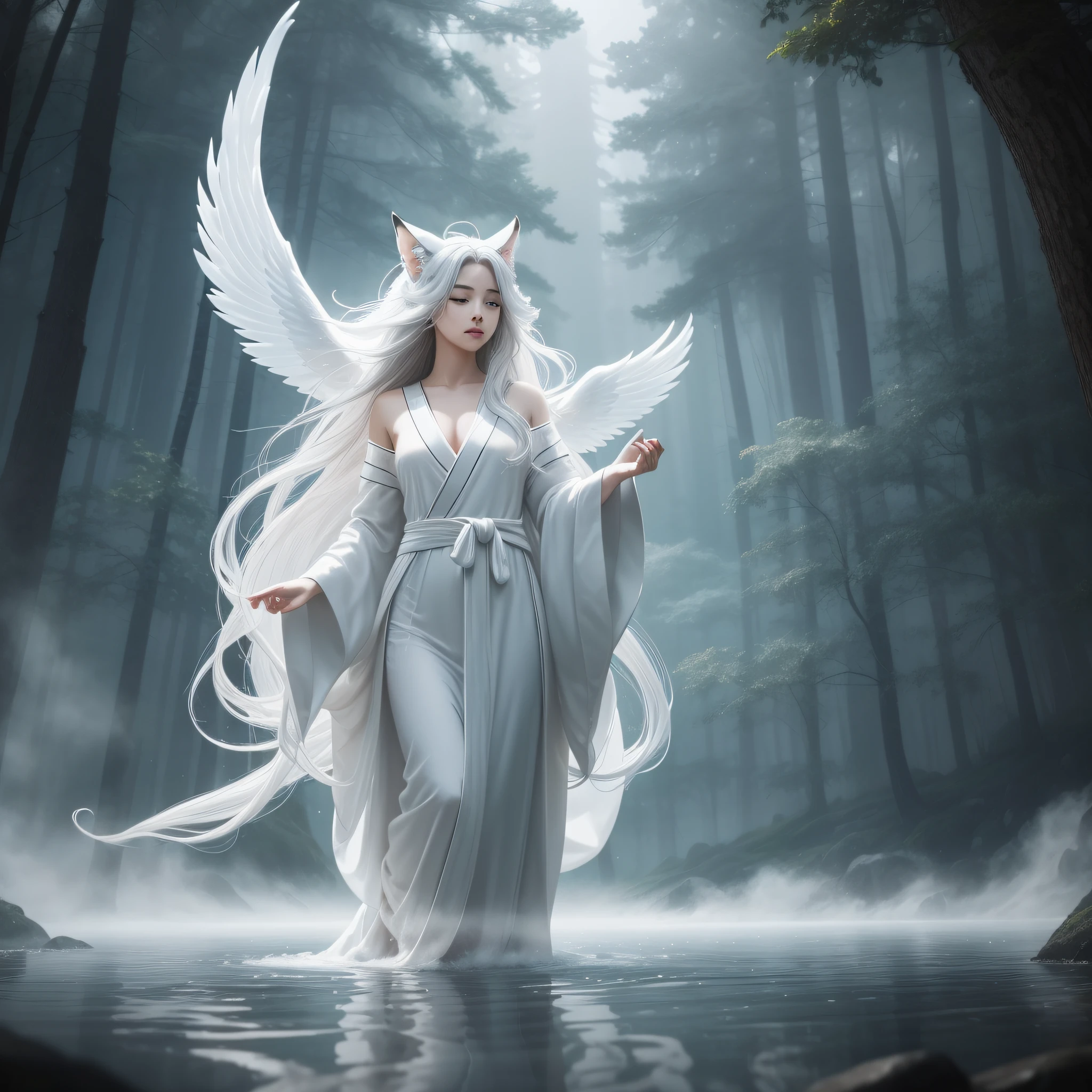 a beautiful and ethereal angel spirit dressed in a flowing white European silk robe. The image captures the fox spirit standing gracefully on the water's surface, surrounded by white clouds and mist that lend an otherworldly quality to the scene. The fox spirit's long white hair and robes are swept up by the wind, adding movement and fluidity to the image. Use Midjourney's advanced brush tools to create intricate folds and textures in the fox spirit's robes and hair, and experiment with different color palettes and brush strokes to bring out the ethereal quality of the scene. The fox spirit's beauty is further enhanced by the way her image is sometimes obscured by the surrounding mist, giving the scene a sense of mystery and enchantment. With Midjourney's powerful tools, you can bring this captivating and ethereal scene to life with incredible detail and beauty. hdr, (photorealism, masterpiece quality, best quality), , pureerosface_v1,ulzzang-6500-v1.1,