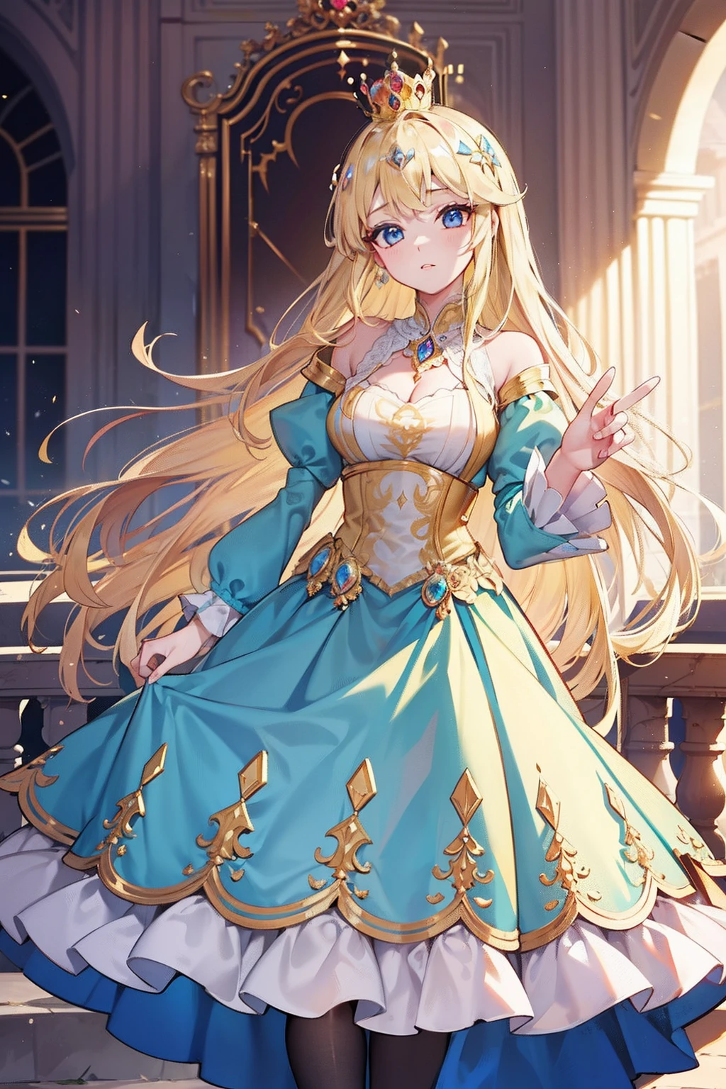 A palatial royal palace，Resplendent，palace，Blonde Rapunzel，Wear a crown，Gorgeous princess dress，ellegance