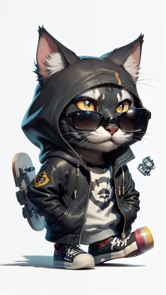 C4tt4stic, Cartoon black cat in jacket and skateboard, Sunglasses,