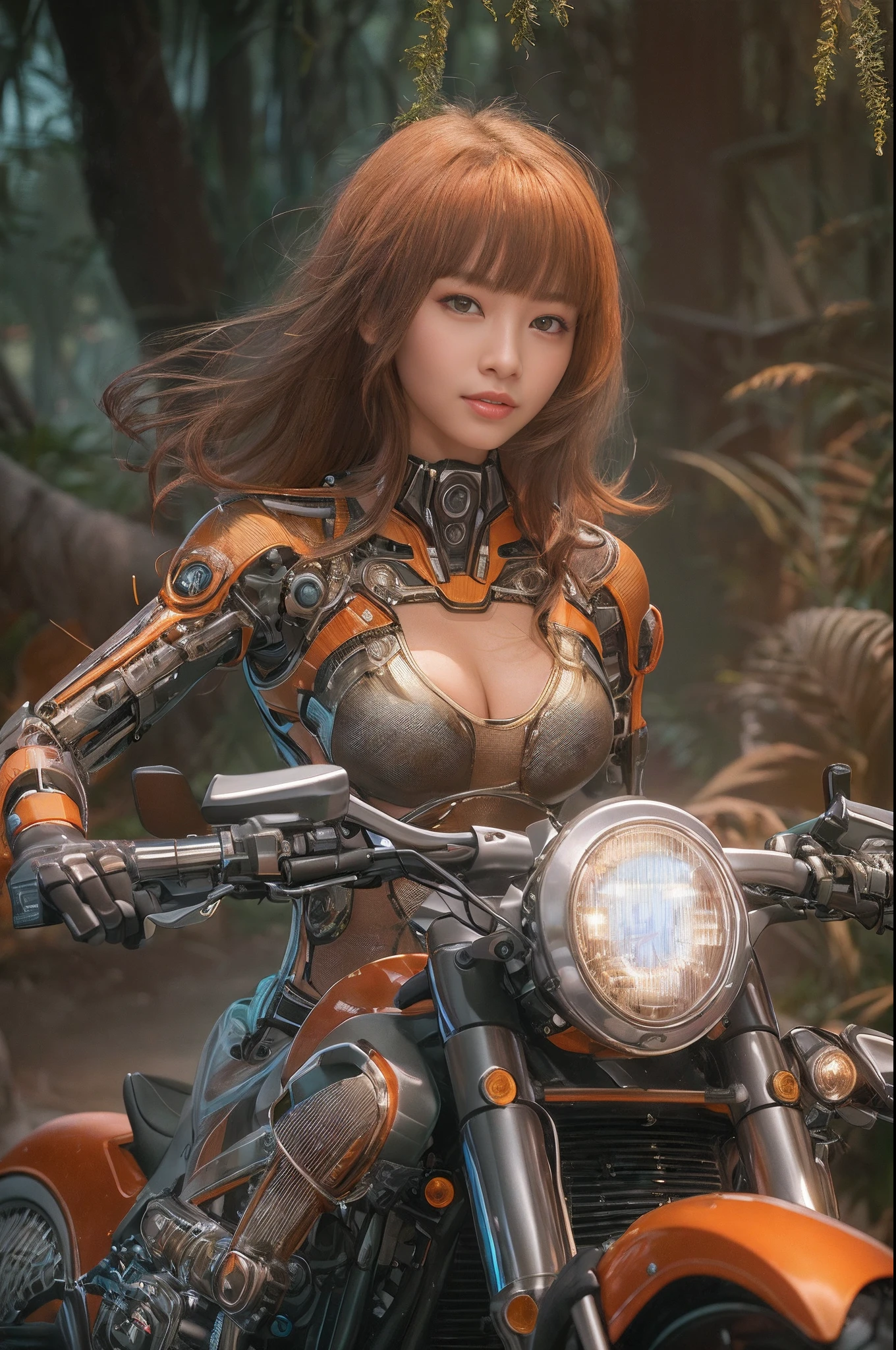 Cybernetic arm and glowing robot cyber girl,(Sheer and revealing costumes:1.3, ),(Robot Cyber Girl riding a powerful military-style motorcycle galloping through jungle:1.3), Glossy light brown and orange striped shorthair,Cute smile,Perfect round face,A cheerful smile that makes the viewer happy,Proper body proportion,masutepiece,Super high-quality output images,hight resolution,Intricate details,Very delicate and beautiful hair,photos realistic,Dreamy,Professional Lighting,realistic shadow,Solo Focus,Beautiful hands,Beautiful fingers,Detailed finger features,detailed clothes features,Detailed hair features,detailed facial features,