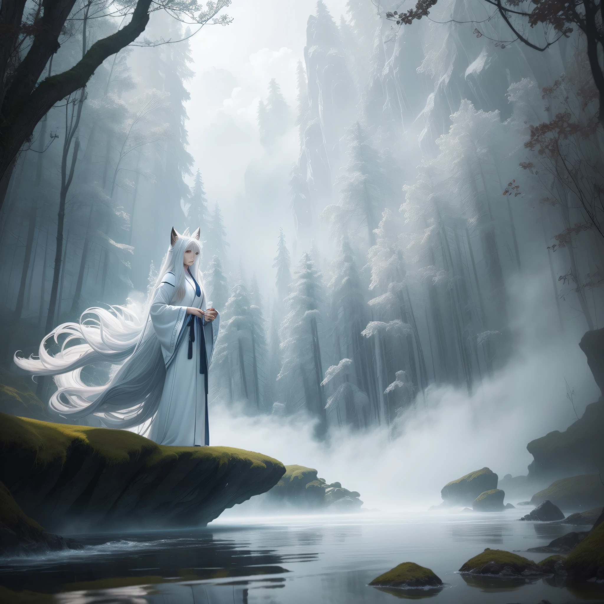 a beautiful and ethereal angel spirit dressed in a flowing white European silk robe. The image captures the fox spirit standing gracefully on the water's surface, surrounded by white clouds and mist that lend an otherworldly quality to the scene. The fox spirit's long white hair and robes are swept up by the wind, adding movement and fluidity to the image. Use Midjourney's advanced brush tools to create intricate folds and textures in the fox spirit's robes and hair, and experiment with different color palettes and brush strokes to bring out the ethereal quality of the scene. The fox spirit's beauty is further enhanced by the way her image is sometimes obscured by the surrounding mist, giving the scene a sense of mystery and enchantment. With Midjourney's powerful tools, you can bring this captivating and ethereal scene to life with incredible detail and beauty. hdr, (photorealism, masterpiece quality, best quality), , pureerosface_v1,ulzzang-6500-v1.1,