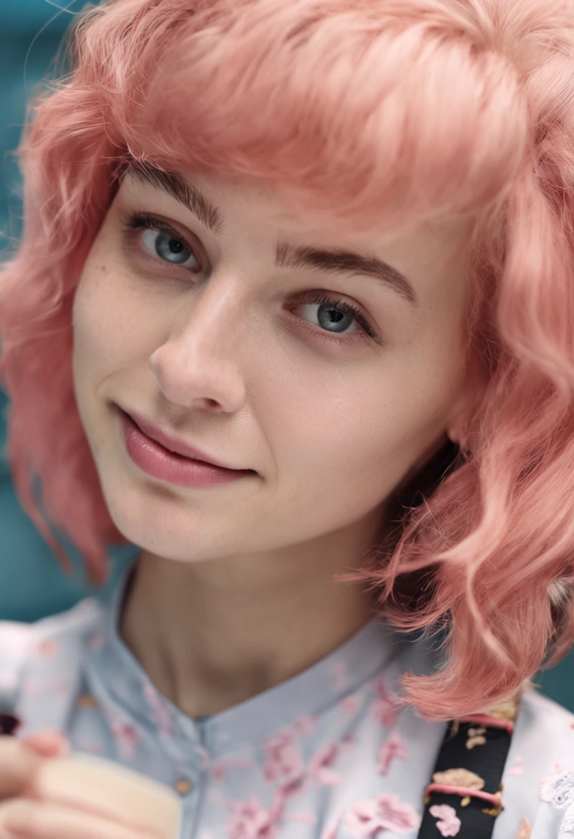 Closeup portrait of playful maid, cropped hair, apron, amazing body, pronounced femininity, plump, kitchen, [ash blonde|ginger|pink hair], freckles, flirting with camera