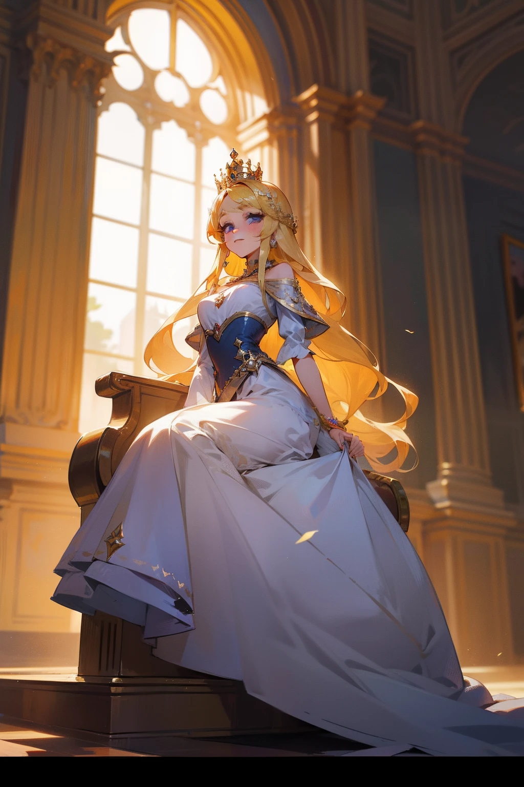 A palatial royal palace,Resplendent,palace,Blonde Rapunzel,Crown on head,Gorgeous princess dress,ellegance