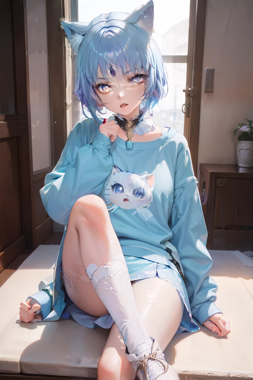 Light blue hair and sweatshirt,Cute and seductive girl,, Blue pupils Blue hair short hair, white stockings,Short blue skirt,,adolable,cat ear,Be red in the face,The expression is shy,White panties