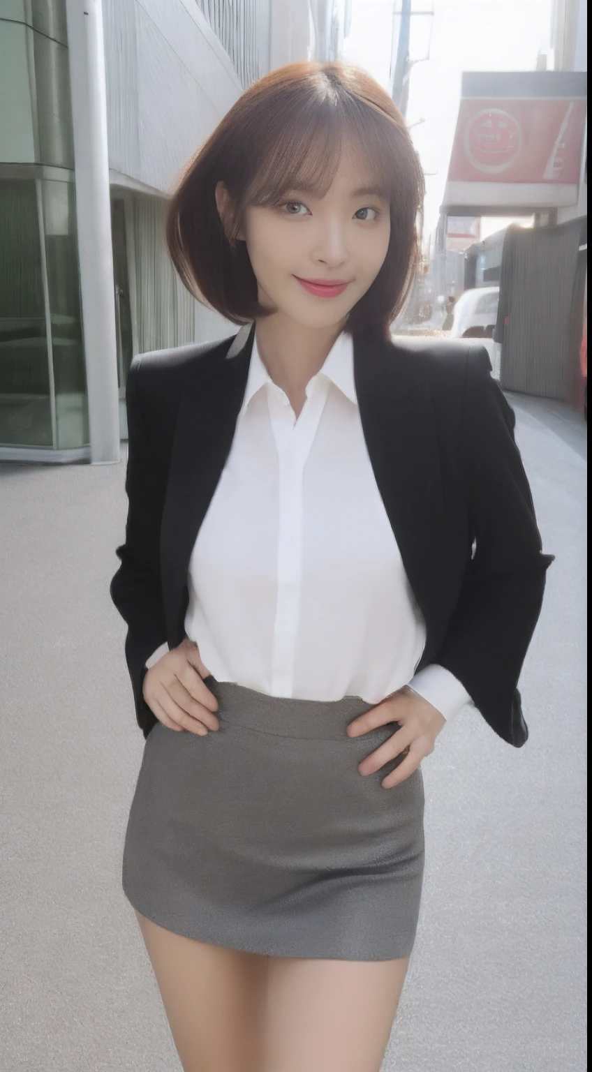 (8K、Raw photography、top-quality、masterpiece:1.2、realisitic、Photorealsitic、highcontrast、photon maping、photon maping、Photorealsitic、ultra-detailliert、profetional lighting、low angles:1.2)、(1 girl in、age19)、(Transcendent beauty Japan girls、独奏:1.5)、(standing straight ahead、Exposed thighs、full body Esbian: 1.6)、(Crisp focus:1.2)、(Beautiful woman with perfect body shape:1.4)、(Slender Abs:1.5)、(layers-Cut、Colossal tits:1.4)、(Sateen、deep in the night、Shinjuku in Japan、Bustling street、Sidewalks without people: 1.6)、(a wet body:1.5)、(Highly detailed facial and skin texture、A detailed eye、二重まぶた: 1.5)、(Bery short hair: 1.4)、beautiful countenance, (photographrealistic:1.3), Rim lighting, (High Detail Skins:1.2), Digital SLR, 8K, bokeh dof, absurderes, best ratio four finger and one thumb, (realisitic:1.3), pretty 1girl, (Wearing a stylish black formal blazer、white shirt: 1.4)、Short skirt in grey,
