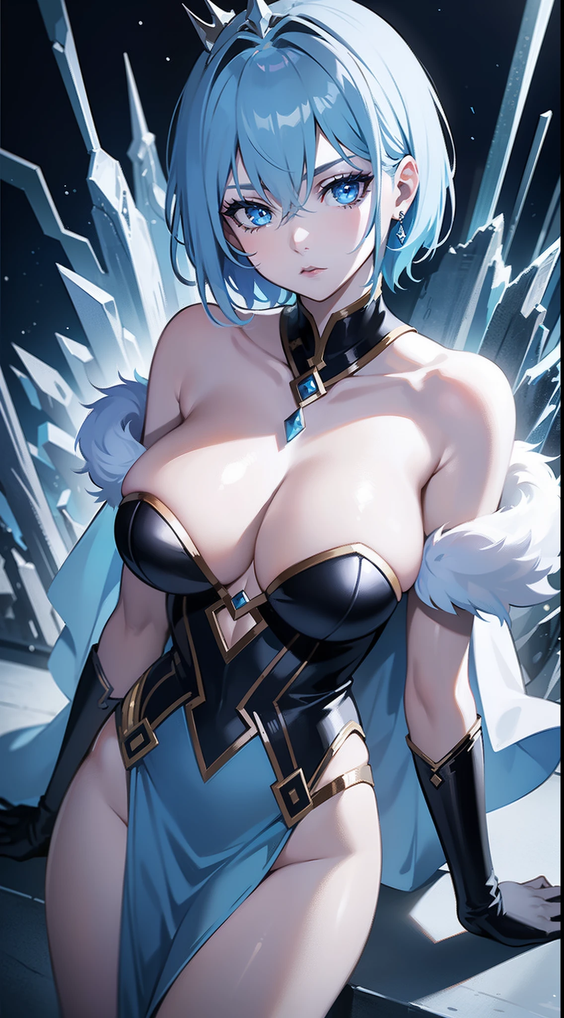 Adult woman, Short blue hair, blue eyes, big breastes, pale skin, Ice Crown, ice dress, Cold, emotionless look, blue lipstick, Masterpiece, hiquality