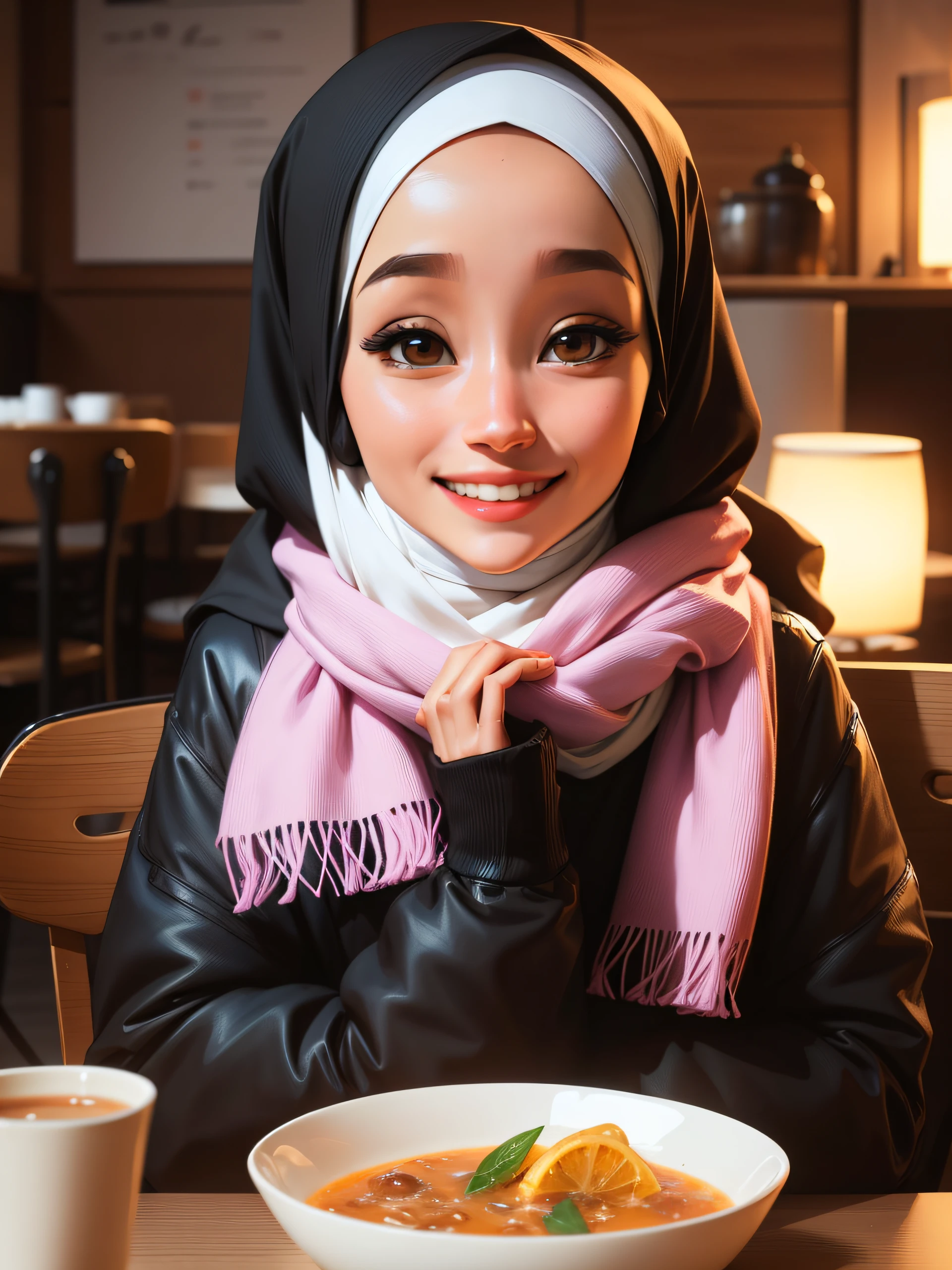 arafed woman wearing a scarf sitting at a table with her hands on her chin, hijab, shy smile, dilraba dilmurat, charming smile, ruan cute vtuber, lovely smile, cute woman, zenra taliyah, handsome girl, inspired by Nazmi Ziya Guran, slight cute smile, headshot profile picture